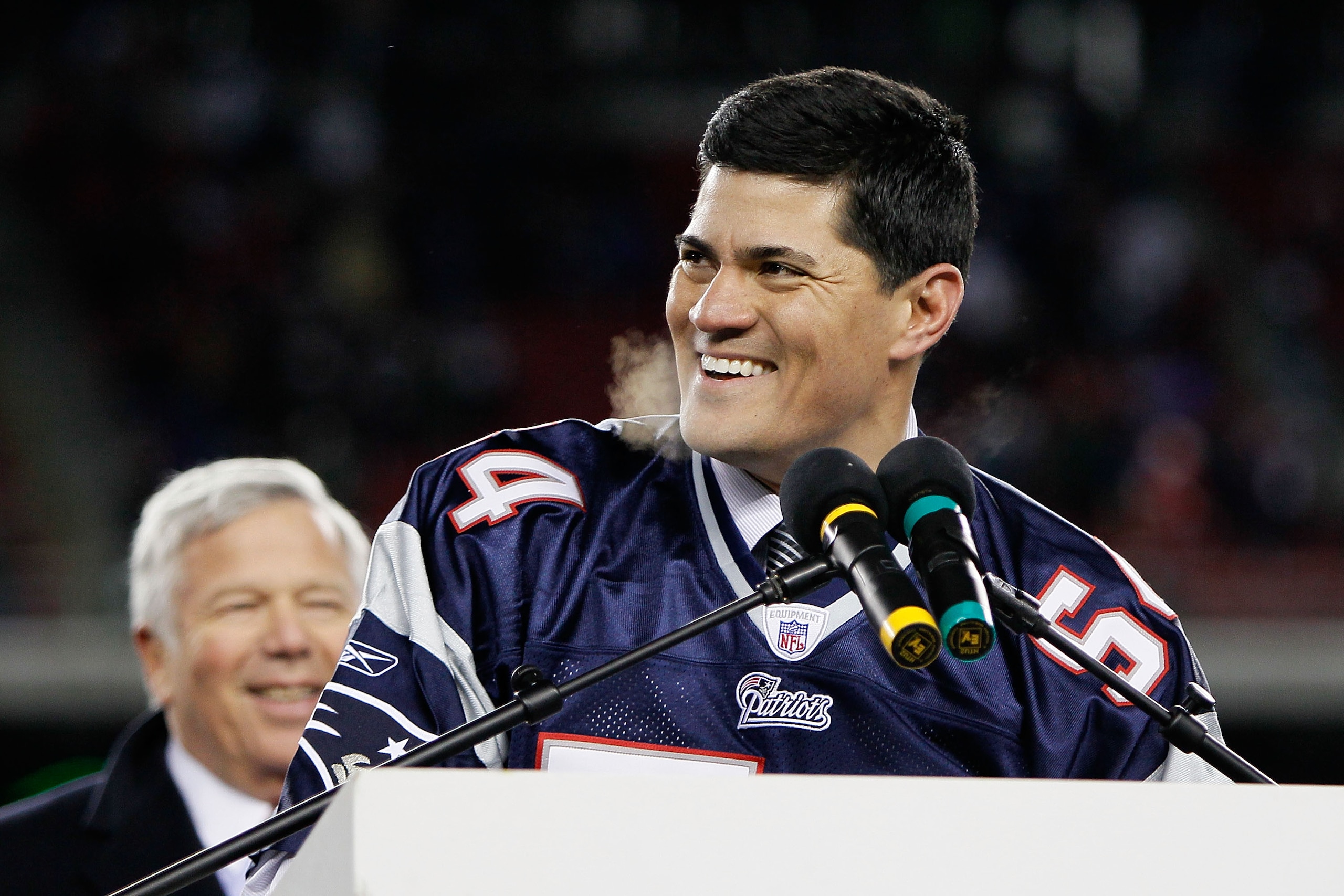 FOXBORO, MA - DECEMBER 06:  Former New England Patriots Tedy Bruschi reacts during a halftime ceremony honoring his playing career as the Patriots host the New York Jets at Gillette Stadium on December 6, 2010 in Foxboro, Massachusetts.  (Photo by Jim Rog