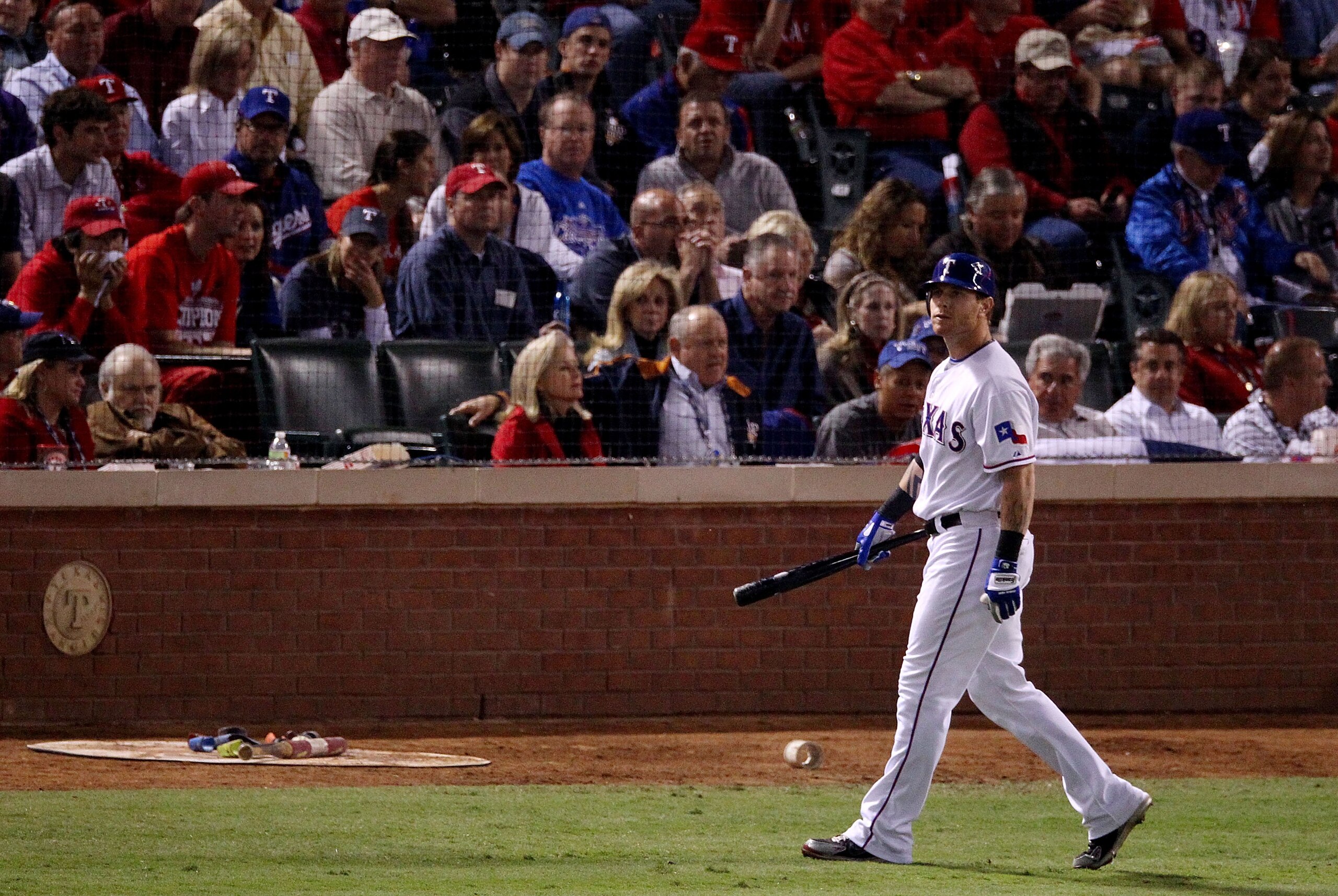 ARLINGTON, TX - NOVEMBER 01: Josh Hamilton #32 of the Texas Rangers reacts after striking out against the San Francisco Giants in the fourth inning of Game Five of the 2010 MLB World Series at Rangers Ballpark in Arlington on November 1, 2010 in Arlingto ARLINGTON, TX - NOVEMBER 01: Josh Hamilton #32 of the Texas Rangers reacts after striking out against the San Francisco Giants in the fourth inning of Game Five of the 2010 MLB World Series at Rangers Ballpark in Arlington on November 1, 2010 in Arlingto