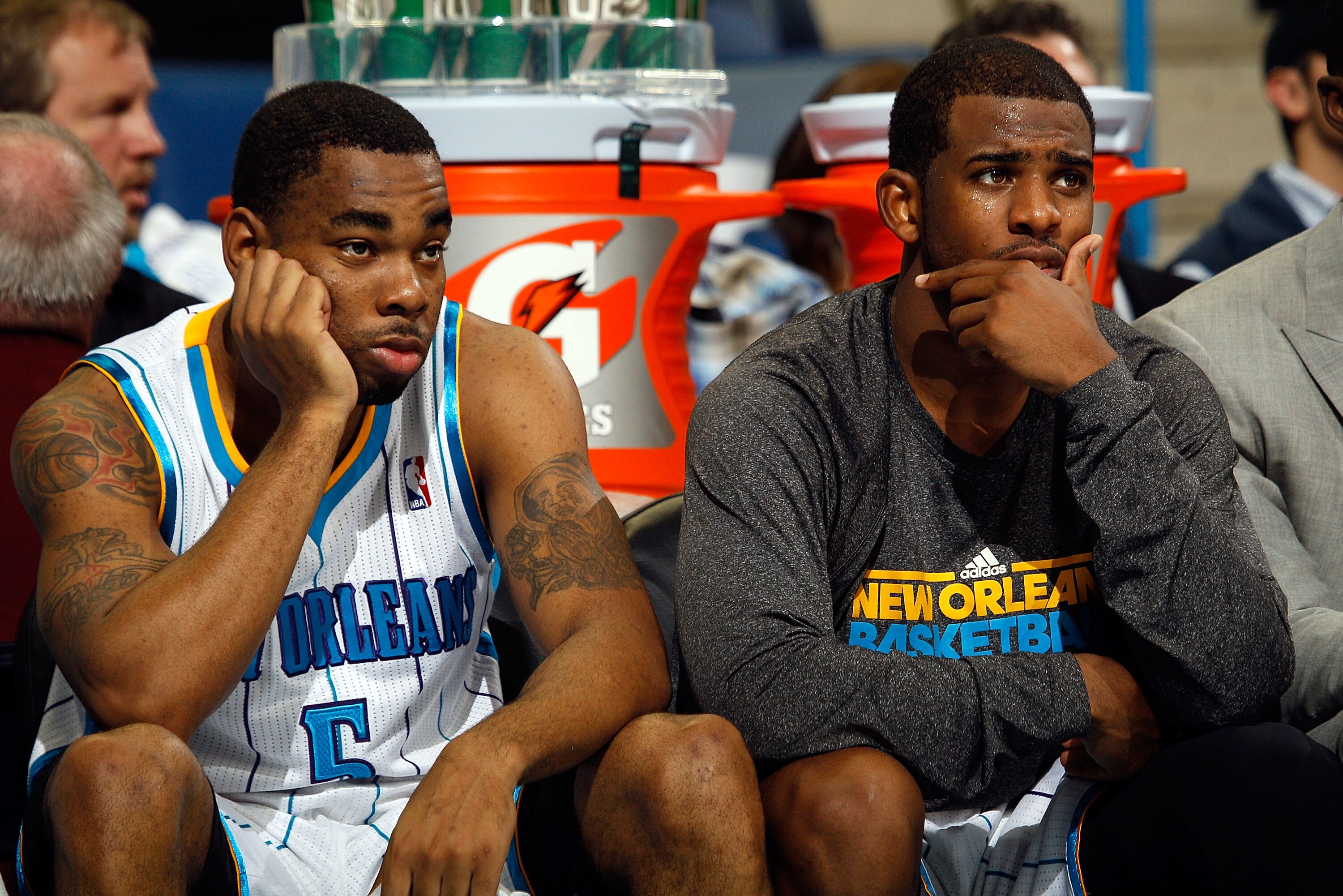 NEW ORLEANS, LA - DECEMBER 29: Chris Paul #3 and Marcus Thornton #5 of the New Orleans Hornets react after losing to the Los Angeles Lakers 103-88 at the New Orleans Arena on December 29, 2010 in New Orleans, Louisiana. NOTE TO USER: User expressly ack NEW ORLEANS, LA - DECEMBER 29: Chris Paul #3 and Marcus Thornton #5 of the New Orleans Hornets react after losing to the Los Angeles Lakers 103-88 at the New Orleans Arena on December 29, 2010 in New Orleans, Louisiana. NOTE TO USER: User expressly ack