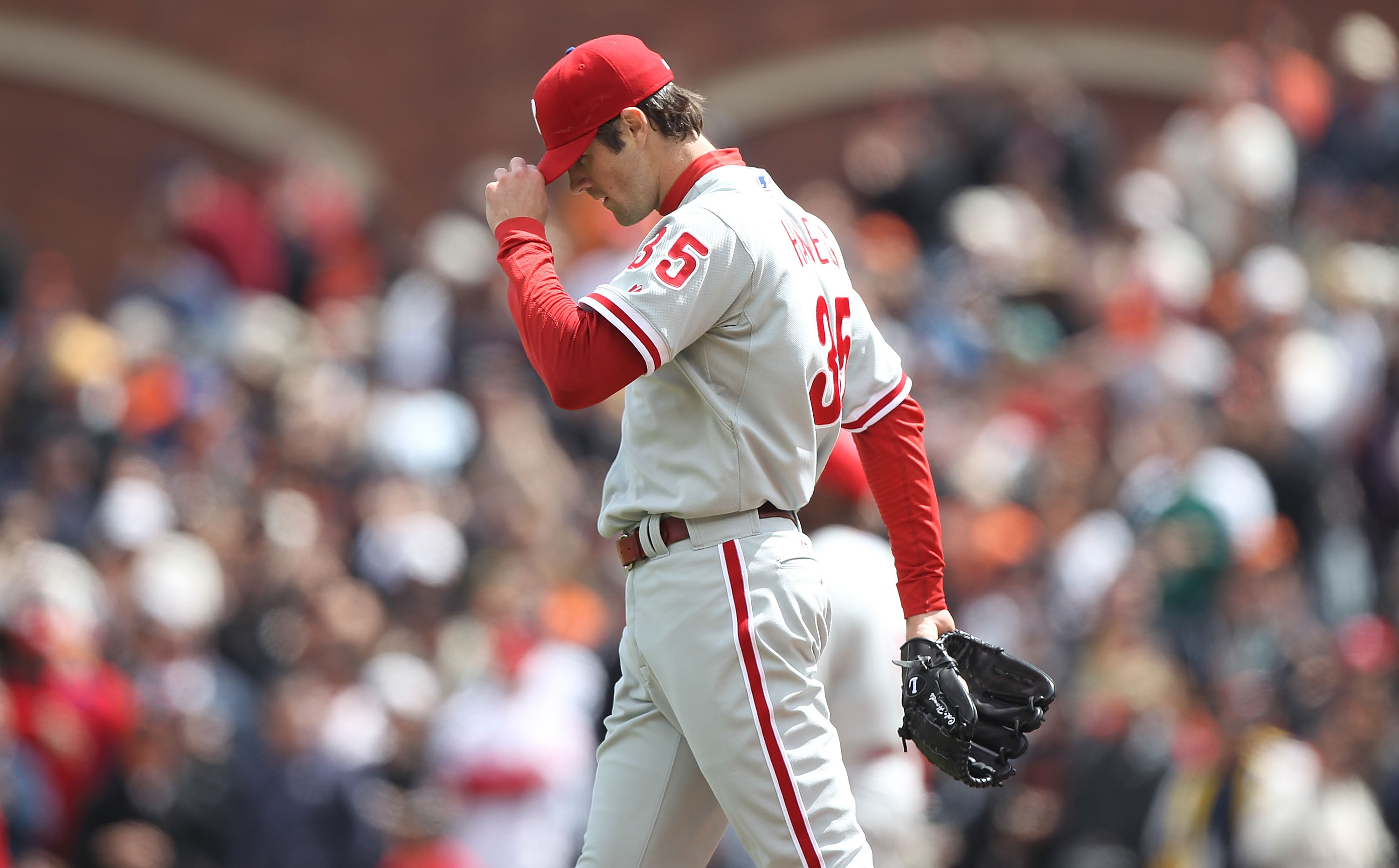 SAN FRANCISCO - APRIL 28:  Cole Hamels #35 of the Philadelphia Phillies looks on after walking in a run in the sixth inning against the San Francisco Giants during an MLB game at AT&T Park on April 28, 2010 in San Francisco, California.  (Photo by Jed Jac