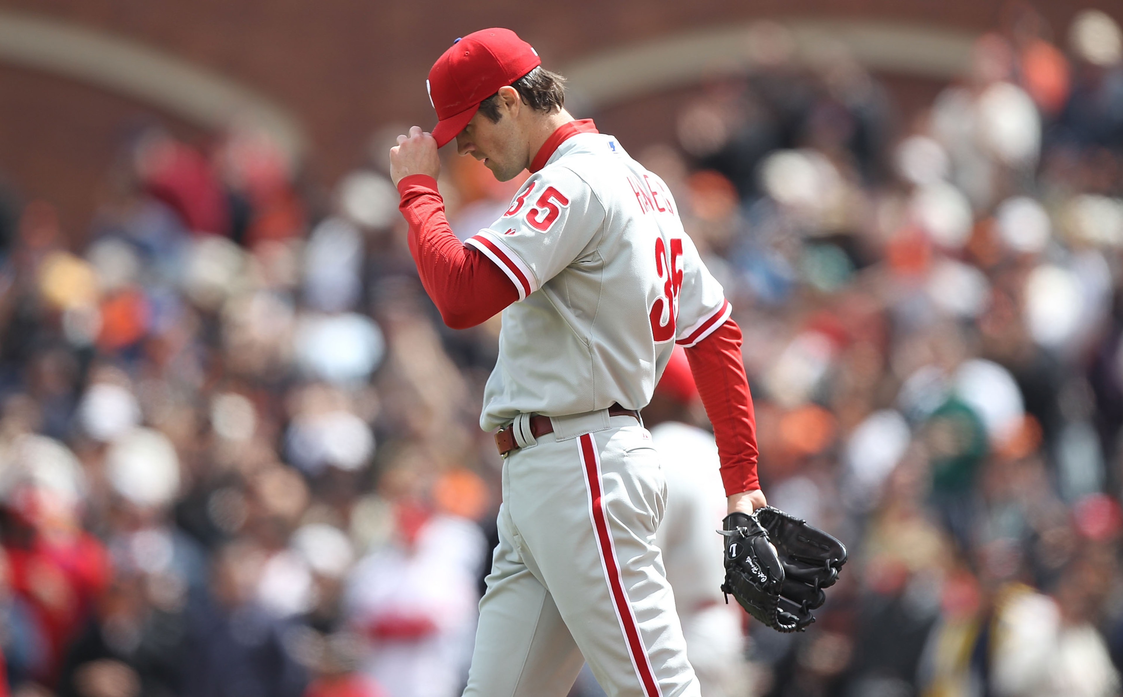 SAN FRANCISCO - APRIL 28: Cole Hamels #35 of the Philadelphia Phillies looks on after walking in a run in the sixth inning against the San Francisco Giants during an MLB game at AT&T Park on April 28, 2010 in San Francisco, California. (Photo by Jed Jac SAN FRANCISCO - APRIL 28: Cole Hamels #35 of the Philadelphia Phillies looks on after walking in a run in the sixth inning against the San Francisco Giants during an MLB game at AT&T Park on April 28, 2010 in San Francisco, California. (Photo by Jed Jac
