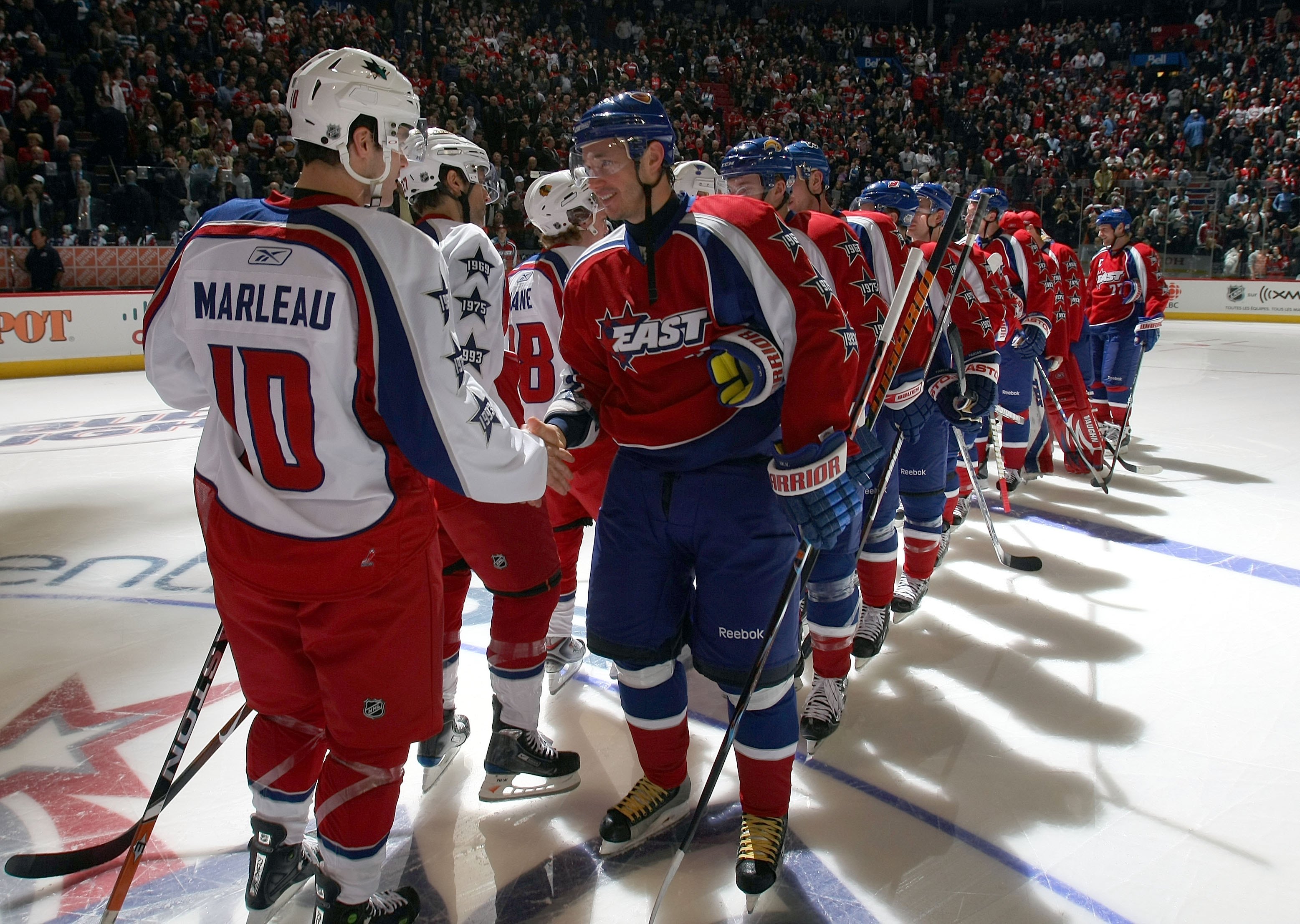 MONTREAL - JANUARY 25:  Ilya Kovalchuk #17 of the Eastern Conference All-Stars shakes hands with Patrick Marleau #12 of the Western Conference All-Stars after the 2009 NHL All-Star game at the Bell Centre on January 25, 2009 in Montreal, Canada. (Photo by