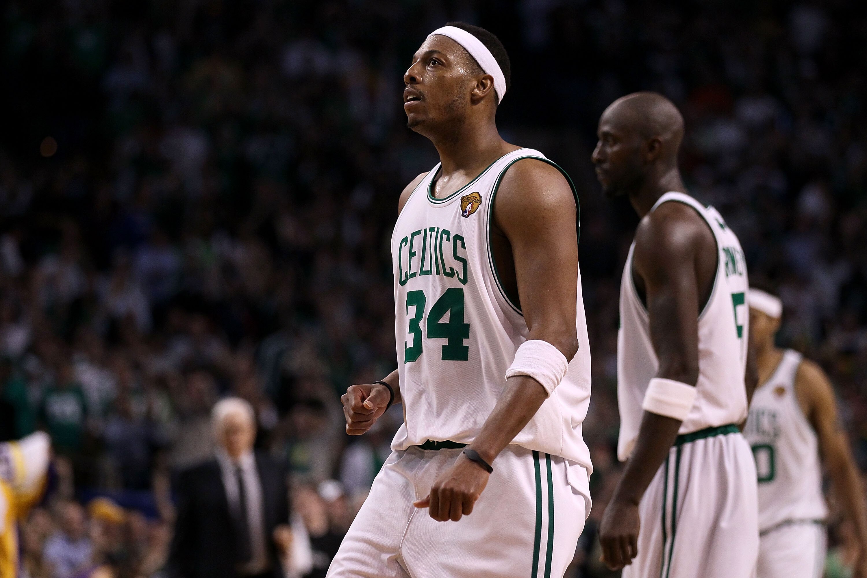 BOSTON - JUNE 13:  Paul Pierce #34 of the Boston Celtics celebrates after a play against the Los Angeles Lakers in the fourth quarter during Game Five of the 2010 NBA Finals on June 13, 2010 at TD Garden in Boston, Massachusetts. NOTE TO USER: User expres