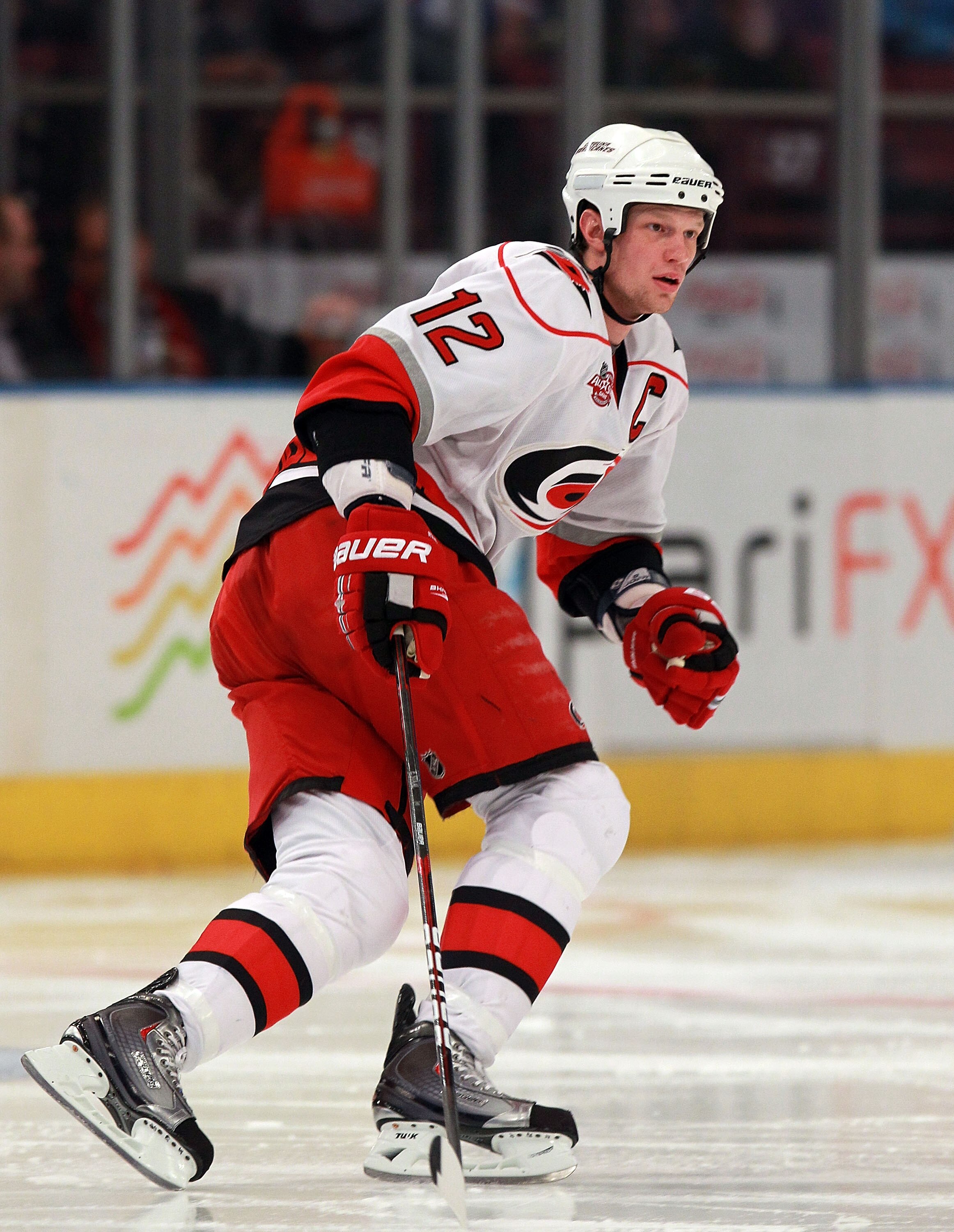 NEW YORK, NY - JANUARY 05:  Eric Staal #12 of the Carolina Hurricanes skates against the New York Rangers at Madison Square Garden on January 5, 2011 in New York City. The Rangers defeated the Hurricanes 2-1 in overtime.  (Photo by Bruce Bennett/Getty Ima