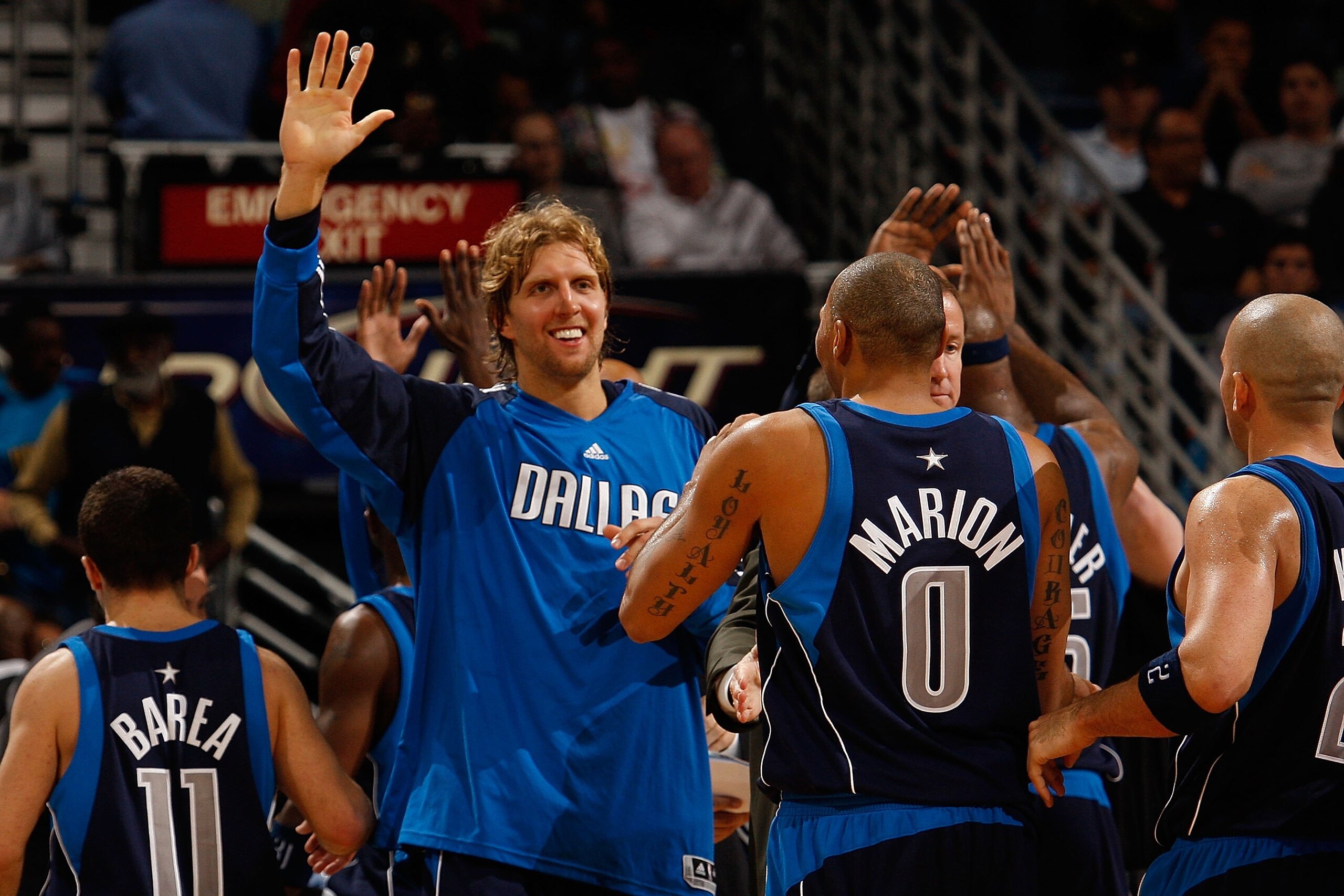 NEW ORLEANS - NOVEMBER 04:  Dirk Nowitzki #41  and Shawn Marion #0 of the Dallas Mavericks celebrates during the game against the New Orleans Hornets at New Orleans Arena on November 4, 2009 in New Orleans, Louisiana.  NOTE TO USER: User expressly acknowl