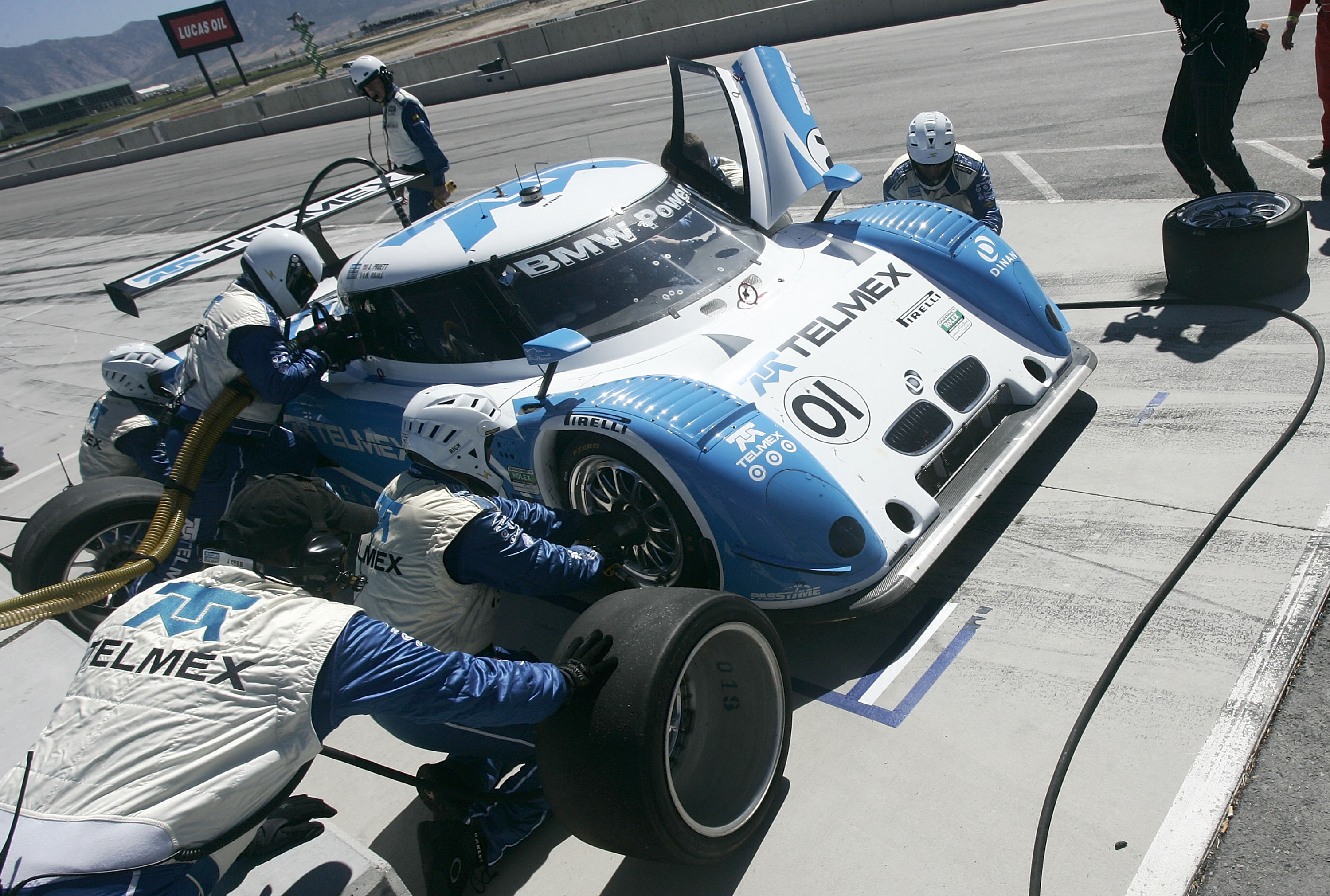 TOOELE, UT - SEPTEMBER 11:  The #01 BMW Riley of Scott Pruett and Memo Rojas makes a pit stop before the Utah 250  at Miller Motorsports Park on September 11, 2010 in Tooele, Utah.  (Photo by Brian Cleary/Getty Images)