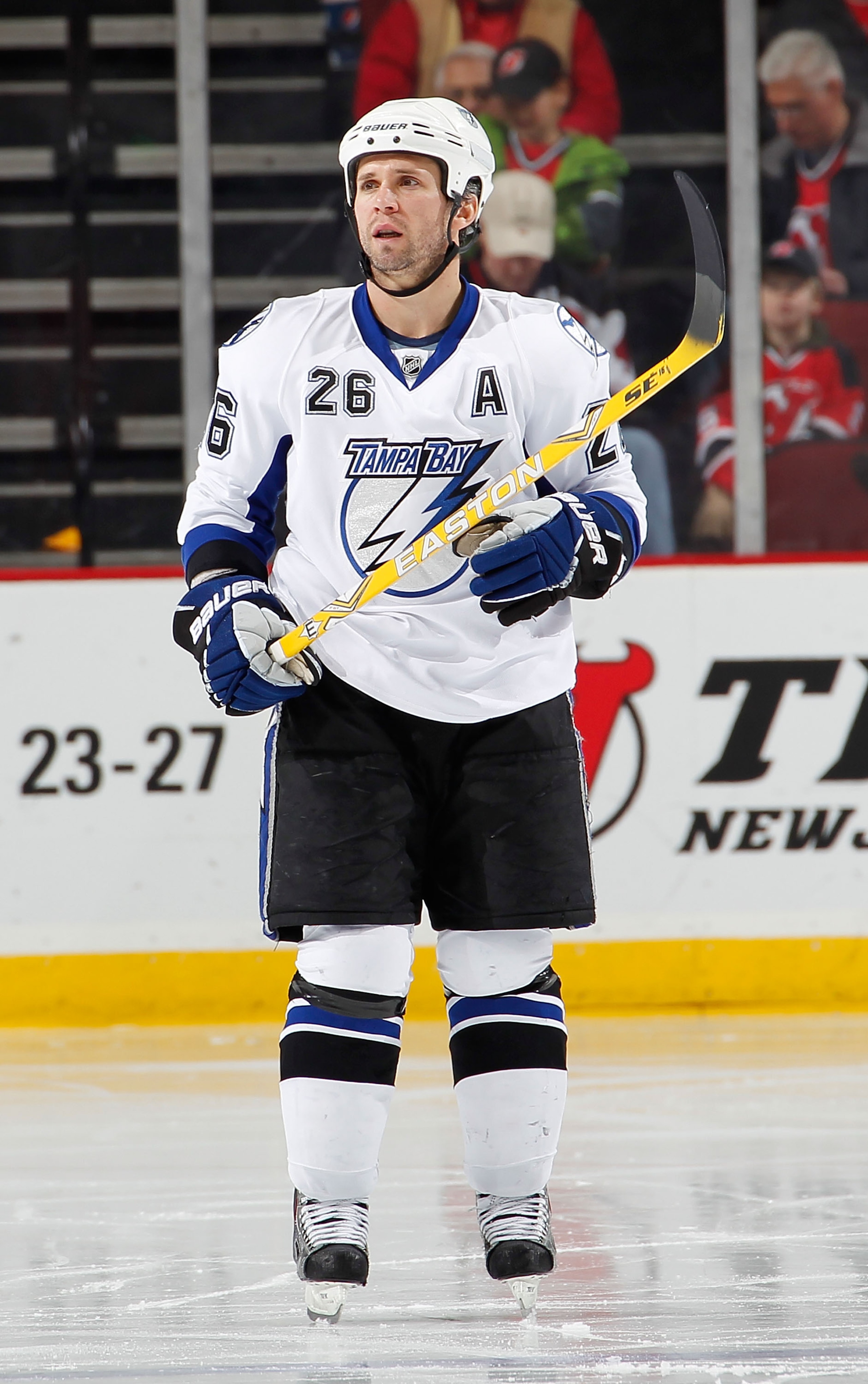 NEWARK, NJ - JANUARY 09: Martin St. Louis #26 of the Tampa Bay Lightning looks up during a break in an NHL hockey game against the New Jersey Devils at the Prudential Center on January 9, 2011 in Newark, New Jersey. (Photo by Paul Bereswill/Getty Images NEWARK, NJ - JANUARY 09: Martin St. Louis #26 of the Tampa Bay Lightning looks up during a break in an NHL hockey game against the New Jersey Devils at the Prudential Center on January 9, 2011 in Newark, New Jersey. (Photo by Paul Bereswill/Getty Images