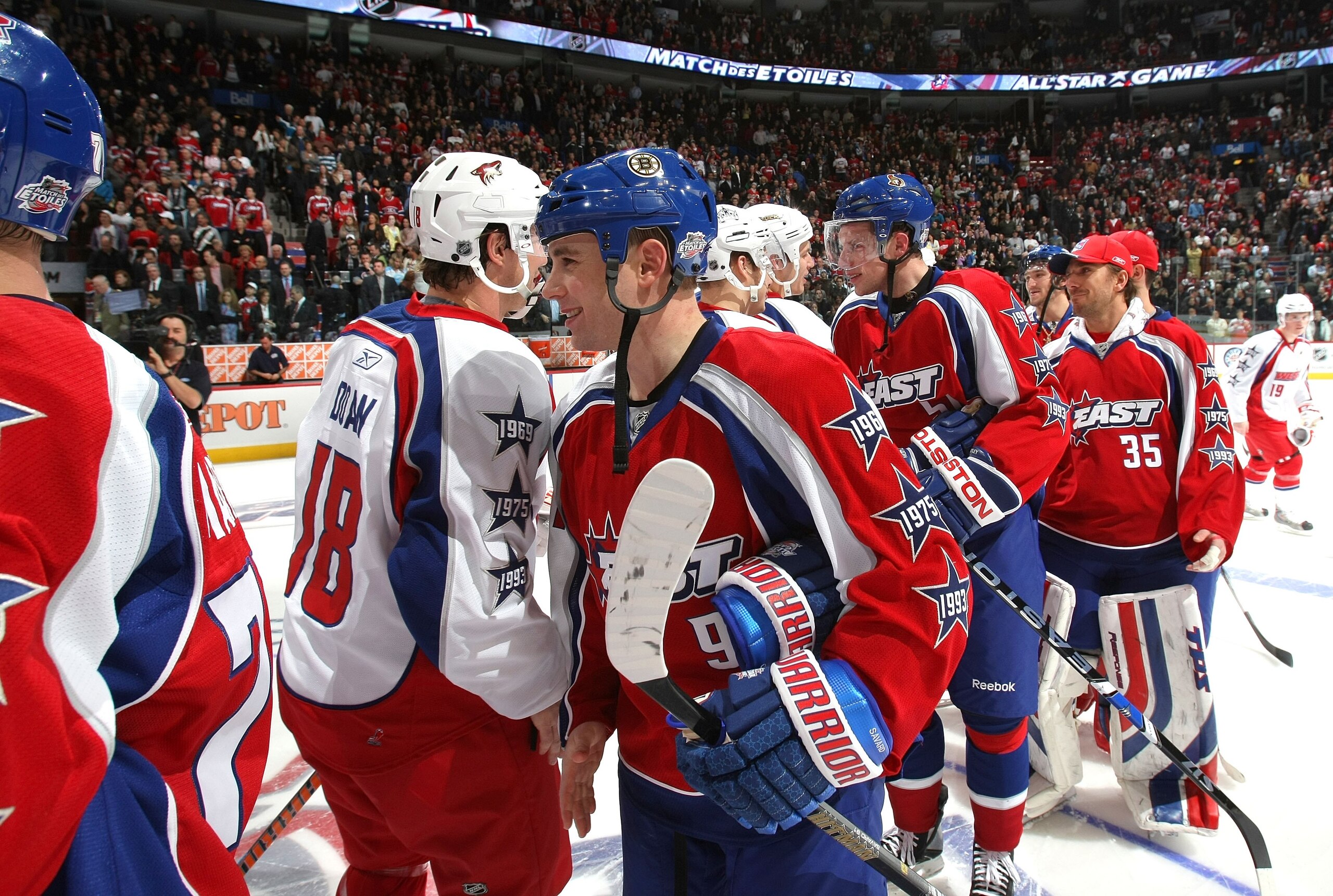 MONTREAL - JANUARY 25: Marc Savard #91 of the Eastern Conference All-Stars shakes hands with Shane Doan #18 of the Western Conference All-Stars after the 2009 NHL All-Star game at the Bell Centre on January 25, 2009 in Montreal, Canada. (Photo by Dave Sa MONTREAL - JANUARY 25: Marc Savard #91 of the Eastern Conference All-Stars shakes hands with Shane Doan #18 of the Western Conference All-Stars after the 2009 NHL All-Star game at the Bell Centre on January 25, 2009 in Montreal, Canada. (Photo by Dave Sa