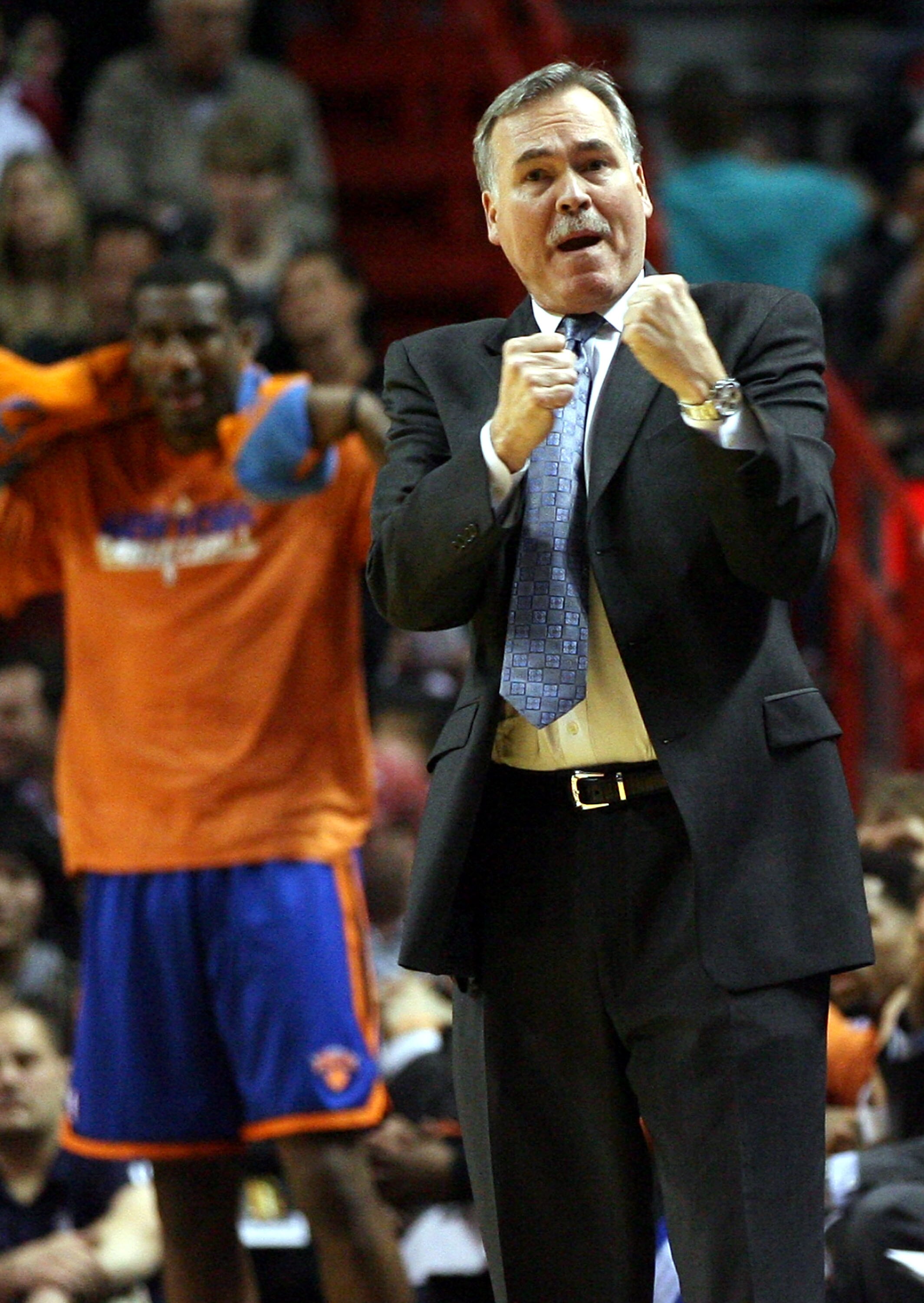MIAMI - DECEMBER 28: Coach Mike D'Antoni of the New York Knicks shouts during a game against the Miami Heat at the American Airlines Arena on December 28, 2010 in Miami, Florida.  (Photo by Marc Serota/Getty Images)