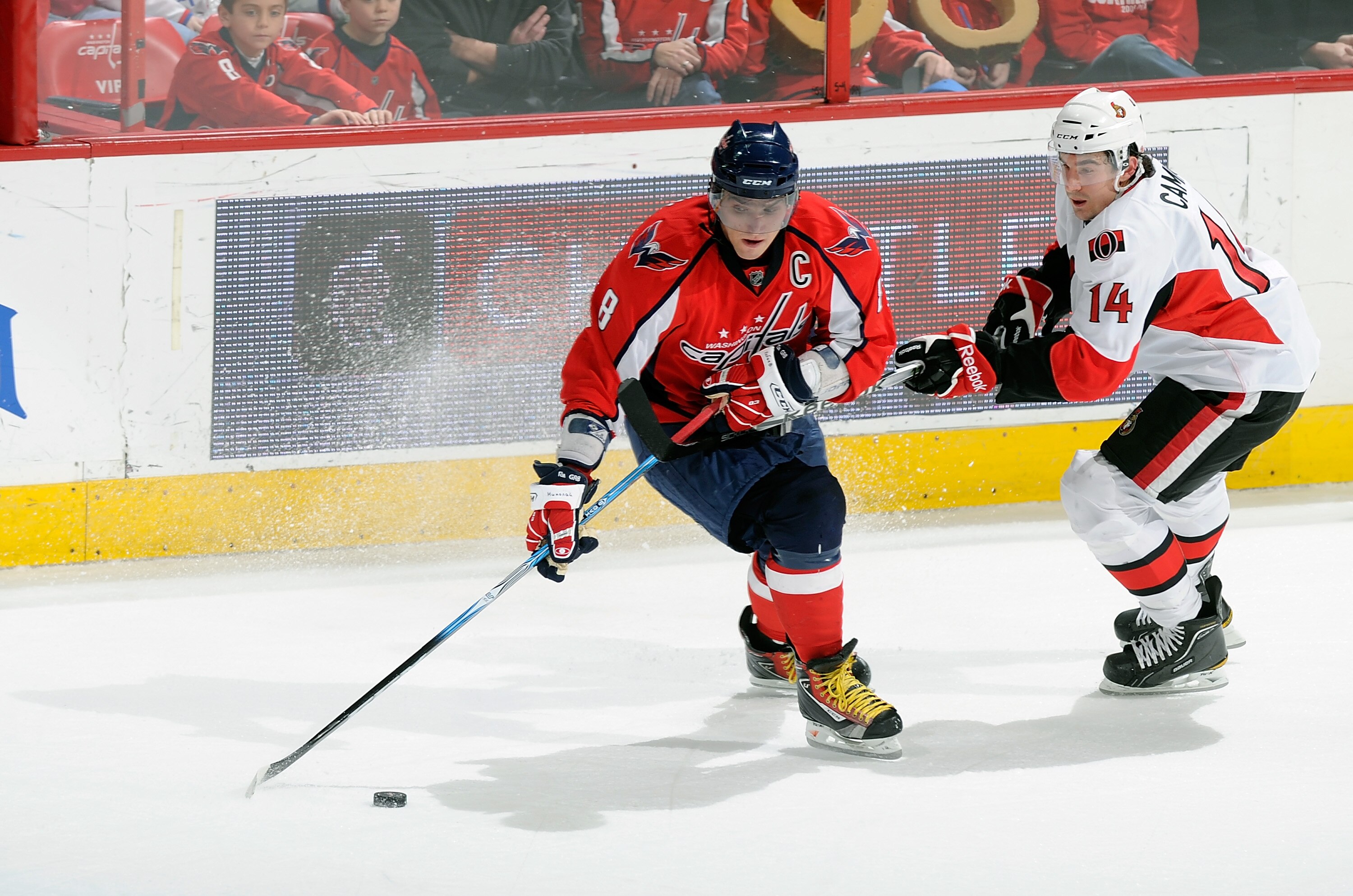 WASHINGTON, DC - JANUARY 16:  Alex Ovechkin #8 of the Washington Capitals handles the puck against Chris Campoli #14 of the Ottawa Senators at the Verizon Center on January 16, 2011 in Washington, DC.  (Photo by Greg Fiume/Getty Images)