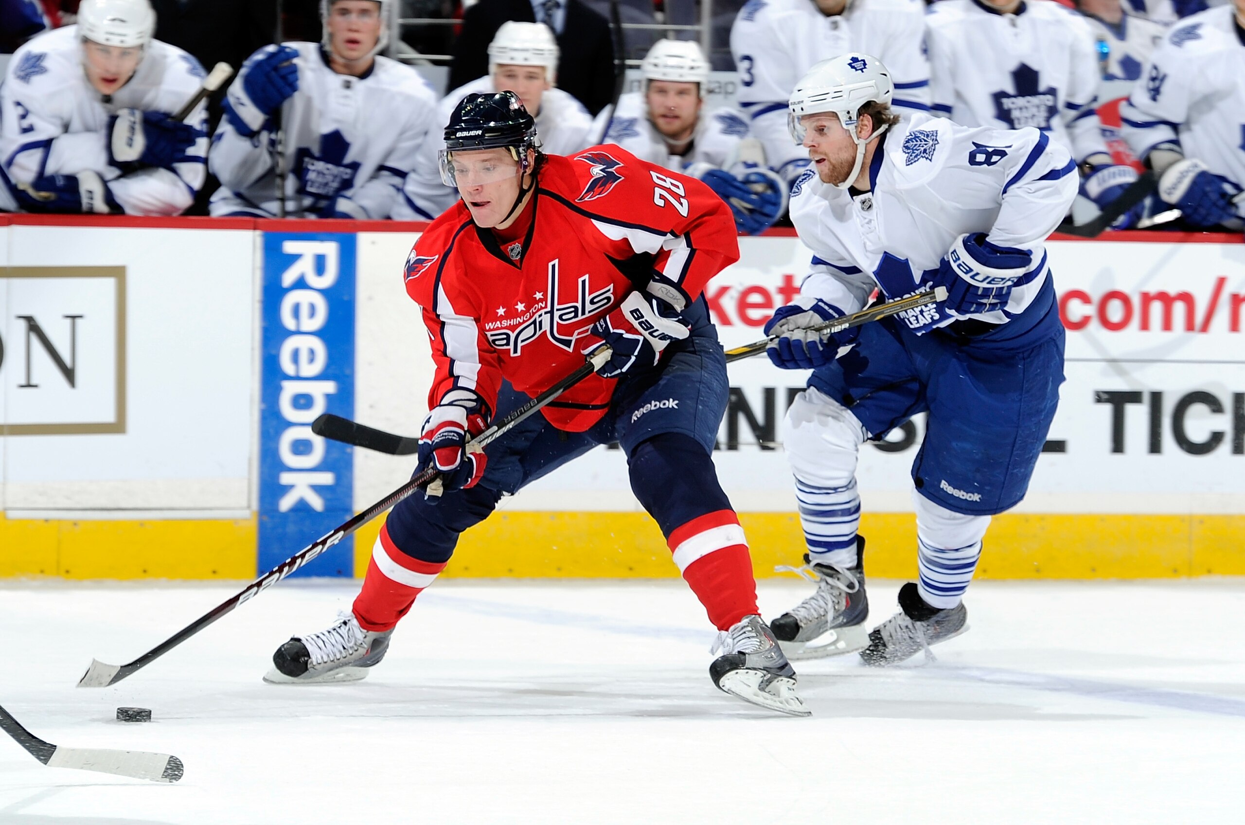 WASHINGTON, DC - DECEMBER 06: Alexander Semin #28 of the Washington Capitals handles the puck against Phil Kessel #81 of the Toronto Maple Leafs at the Verizon Center on December 6, 2010 in Washington, DC. (Photo by Greg Fiume/Getty Images) WASHINGTON, DC - DECEMBER 06: Alexander Semin #28 of the Washington Capitals handles the puck against Phil Kessel #81 of the Toronto Maple Leafs at the Verizon Center on December 6, 2010 in Washington, DC. (Photo by Greg Fiume/Getty Images)
