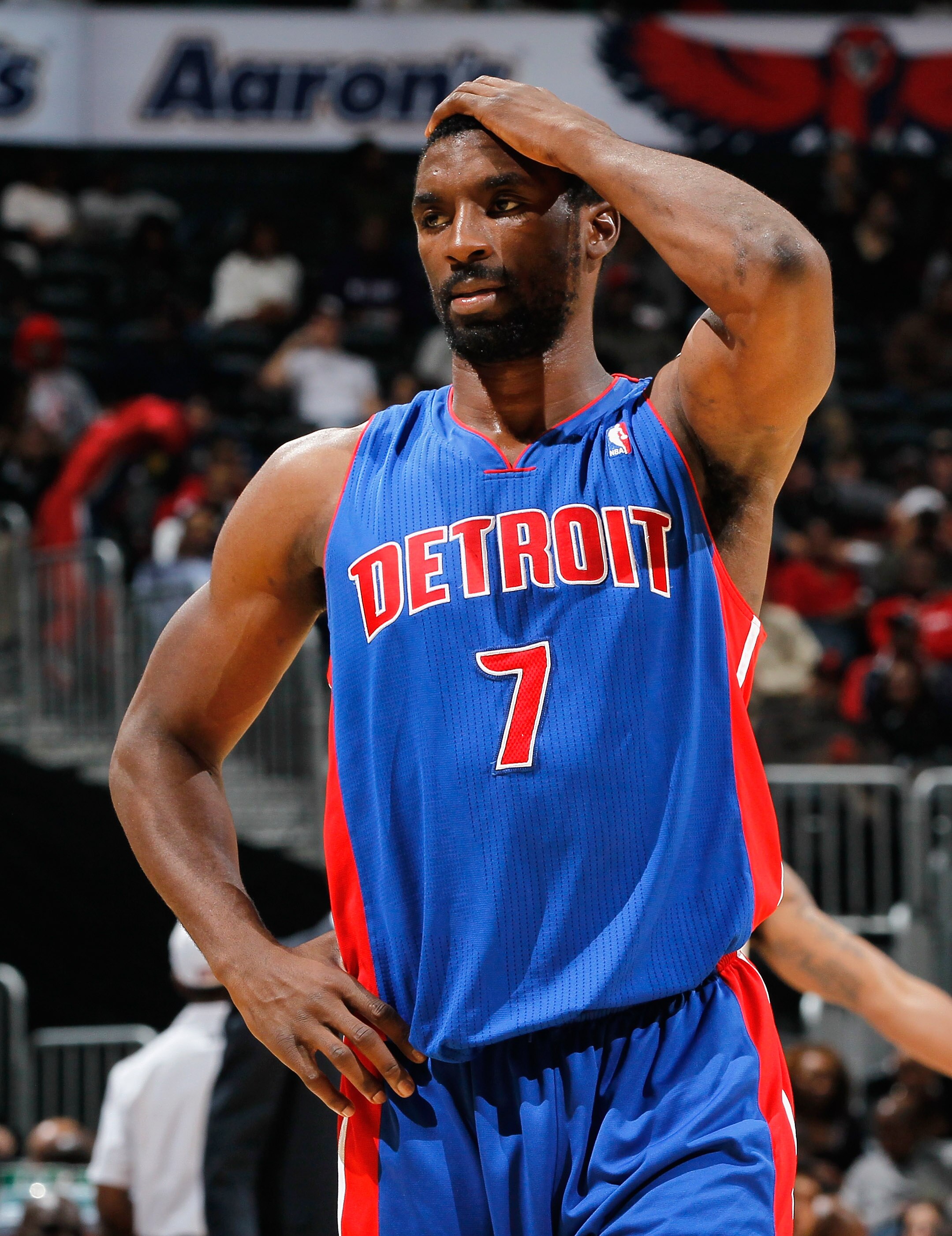 ATLANTA - NOVEMBER 03:  Ben Gordon #7 of the Detroit Pistons reacts after being called for a foul against the Atlanta Hawks at Philips Arena on November 3, 2010 in Atlanta, Georgia.  NOTE TO USER: User expressly acknowledges and agrees that, by downloadin