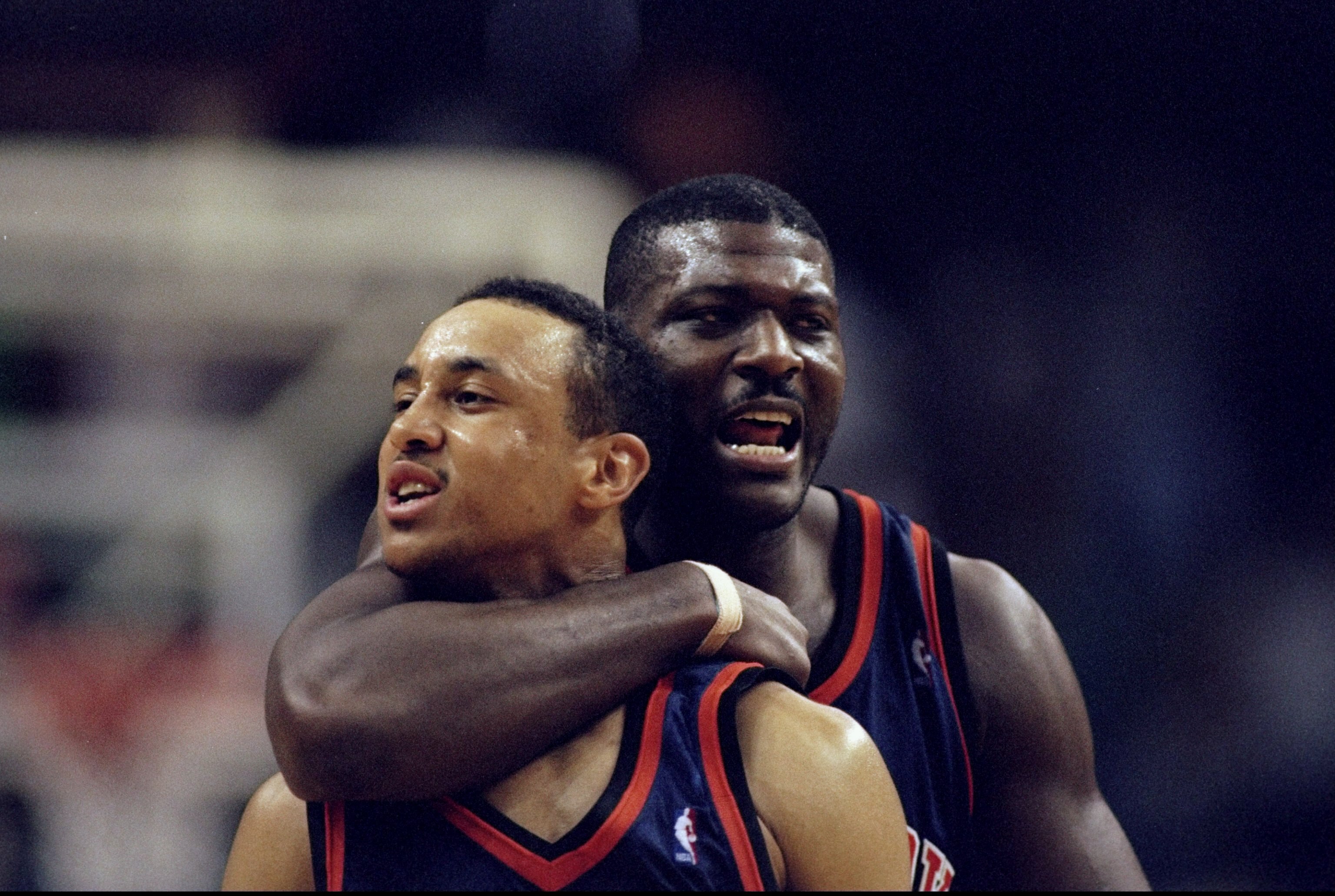 26 Apr 1998: Forward Larry Johnson and guard John Starks of the New York Knicks in action against the Miami Heat during an NBA playoff game at the Miami Arena in Miami, Florida. The Knicks defeated the Heat 96-86.