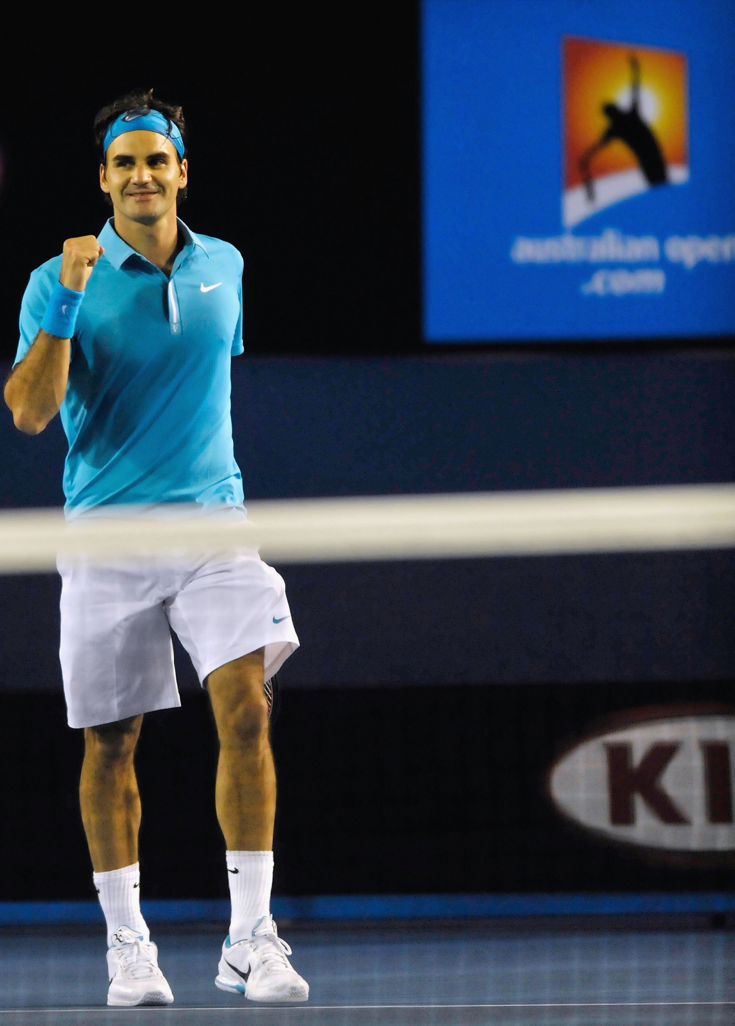 MELBOURNE, AUSTRALIA - JANUARY 29:  Roger Federer of Switzerland celebrates winning match point in his semifinal match against Jo-Wilfried Tsonga of France during day twelve of the 2010 Australian Open at Melbourne Park on January 29, 2010 in Melbourne, A