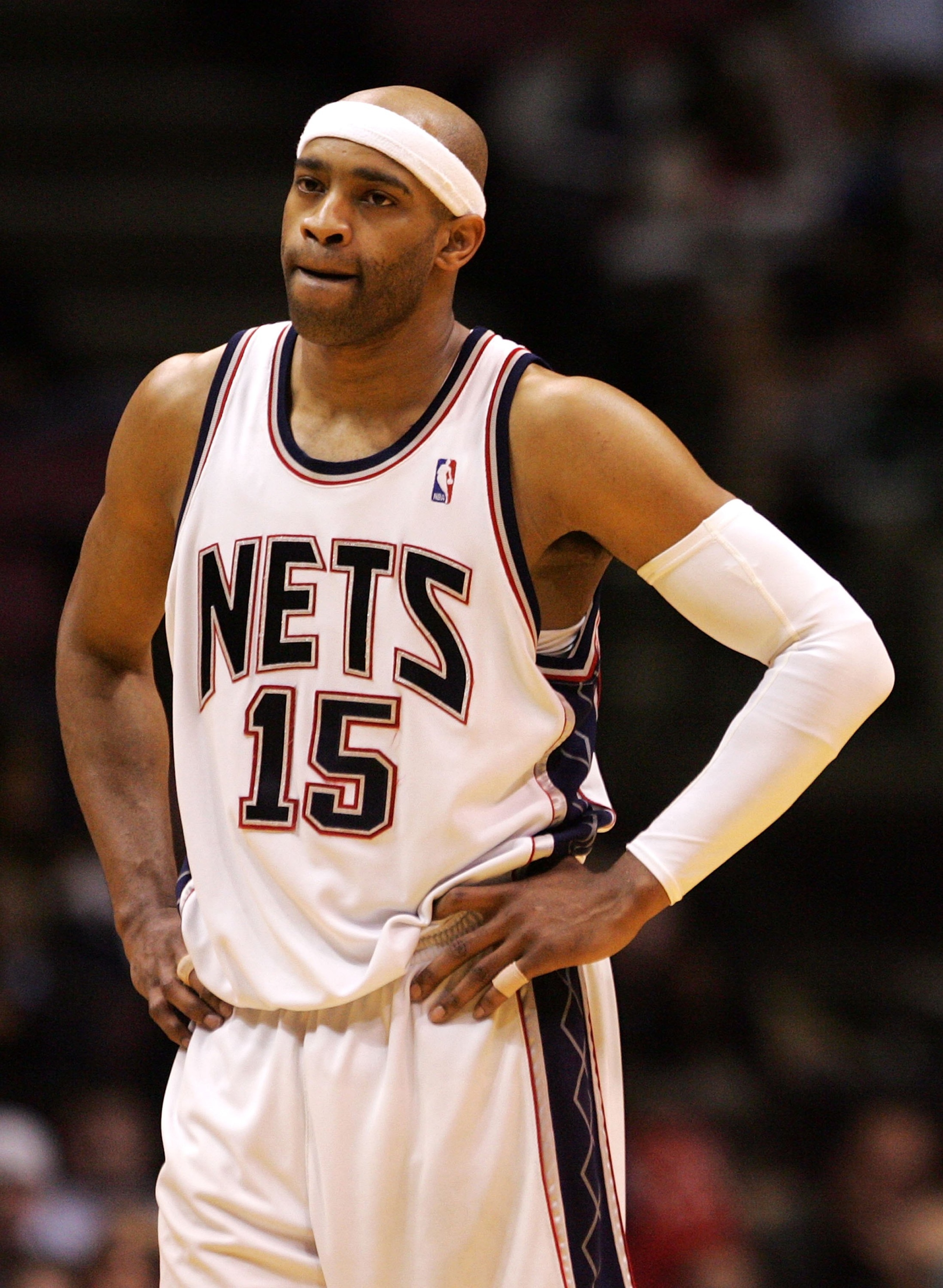EAST RUTHERFORD, NJ - MAY 04:  Vince Carter #15 of the New Jersey Nets looks on against the Toronto Raptors in Game Six of the Eastern Conference Quarterfinals during the 2007 NBA Playoffs on May 4, 2007 at the Continental Airlines Arena at the Meadowland