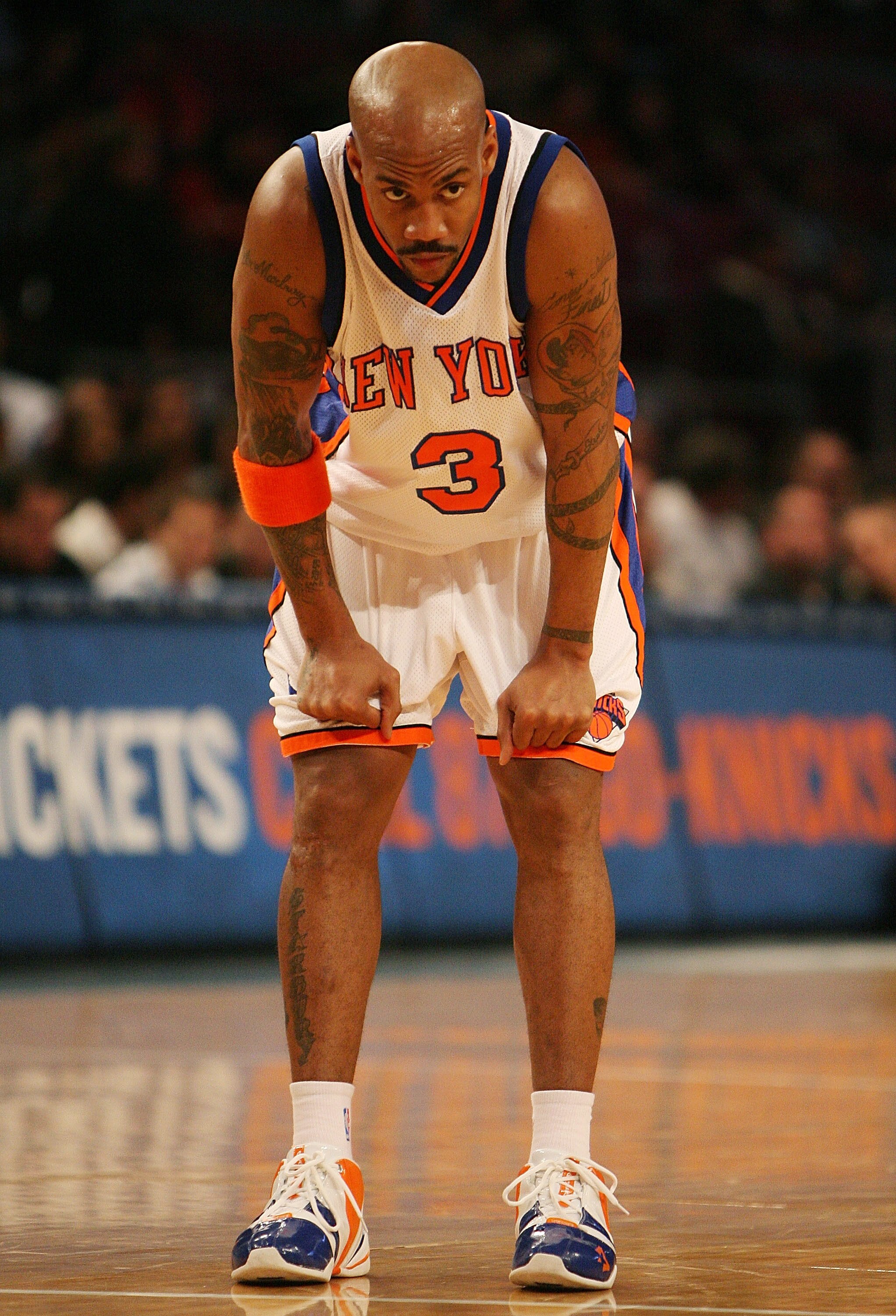 NEW YORK - JANUARY 02:  Stephon Marbury #3 of the New York Knicks waits for a free throw against the Sacramento Kings on January 2, 2008 at Madison Square Garden in New York City. NOTE TO USER: User expressly acknowledges and agrees that, by downloading a