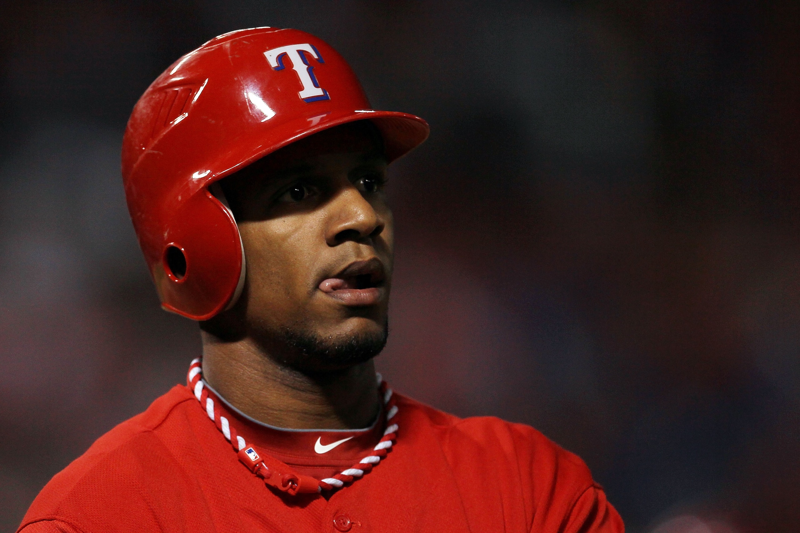 ARLINGTON, TX - OCTOBER 15:  Julio Borbon #29 of the Texas Rangers looks on after striking out against the New York Yankees in Game One of the ALCS during the 2010 MLB Playoffs at Rangers Ballpark in Arlington on October 15, 2010 in Arlington, Texas.  (Ph
