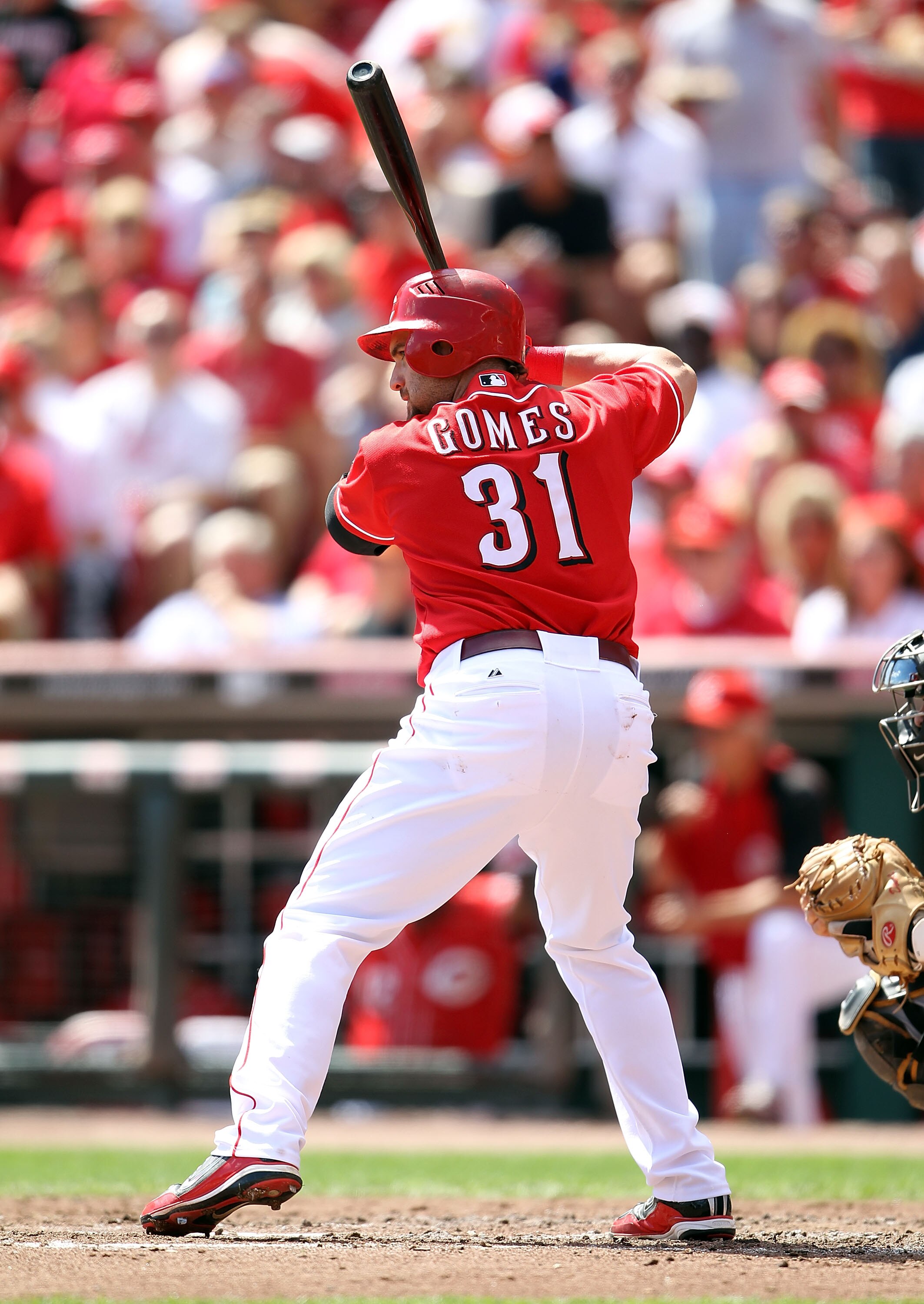 CINCINNATI - SEPTEMBER 12:  Jonny Gomes #31 of  the Cincinnati Reds is at bat during the game against the Pittsburgh Pirates at Great American Ballpark on September 12, 2010 in Cincinnati, Ohio.  (Photo by Andy Lyons/Getty Images)