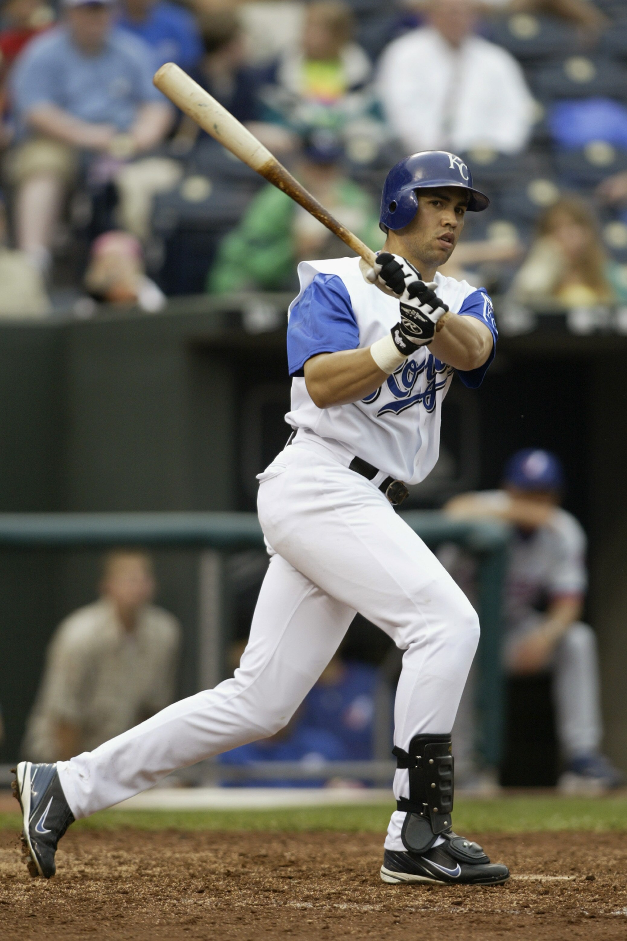 KANSAS CITY, MO - JUNE 10:  Outfielder Carlos Beltran #15 of the Kansas City Royals swings at a Montreal Expos pitch during the interleague game at Kaufmann Stadium on June 10, 2004 in Kansas City, Missouri.  The Expos won 8-0. (Photo by G. Newman Lowranc