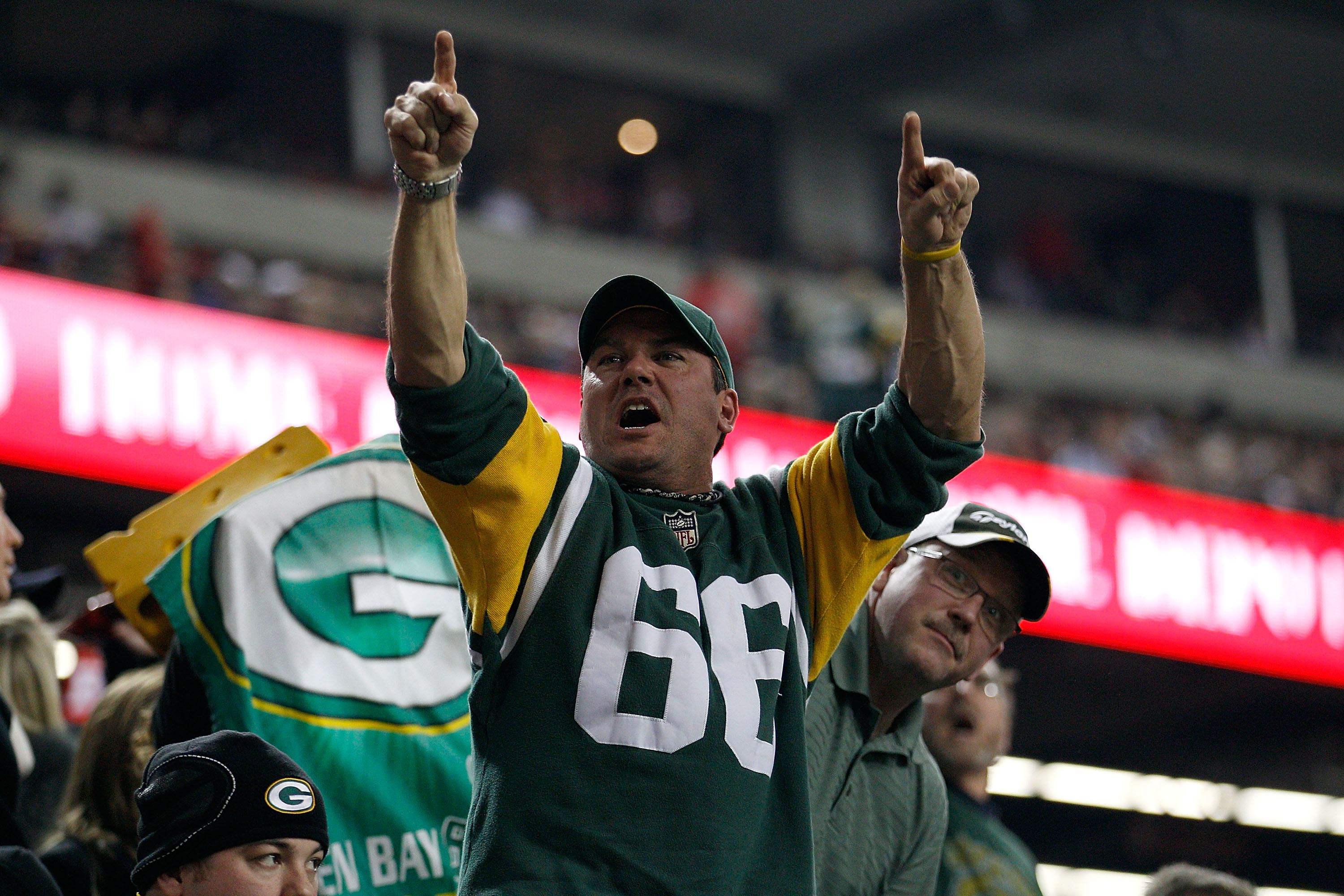 ATLANTA, GA - JANUARY 15:  A fan of the Green Bay Packers supports his team against the Atlanta Falcons during their 2011 NFC divisional playoff game at Georgia Dome on January 15, 2011 in Atlanta, Georgia.  (Photo by Chris Graythen/Getty Images)