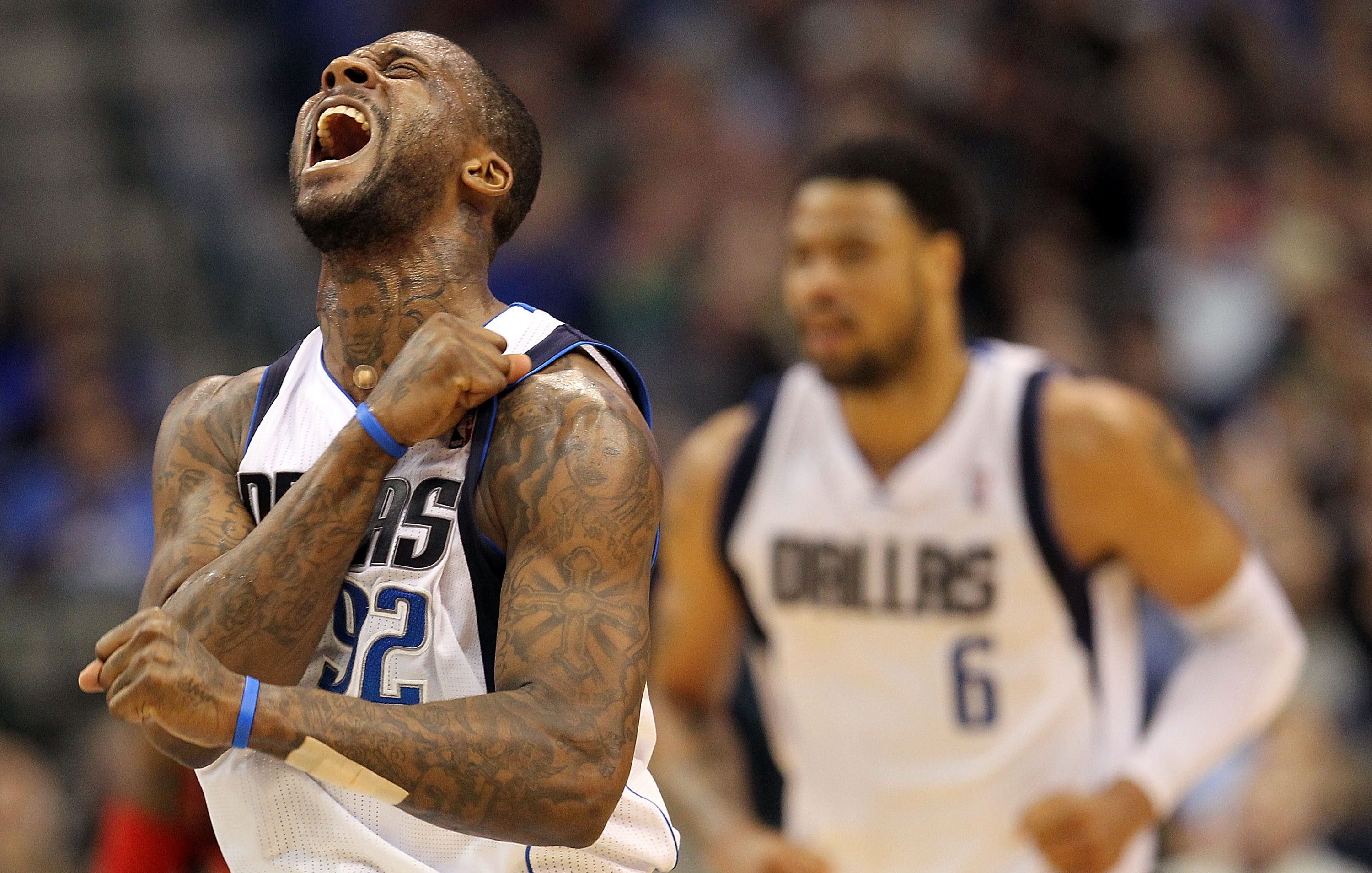 DALLAS, TX - JANUARY 04:  Guard DeShawn Stevenson #92 of the Dallas Mavericks reacts  after making a three point shot against the Portland Trail Blazers at American Airlines Center on January 4, 2011 in Dallas, Texas.  NOTE TO USER: User expressly acknowl