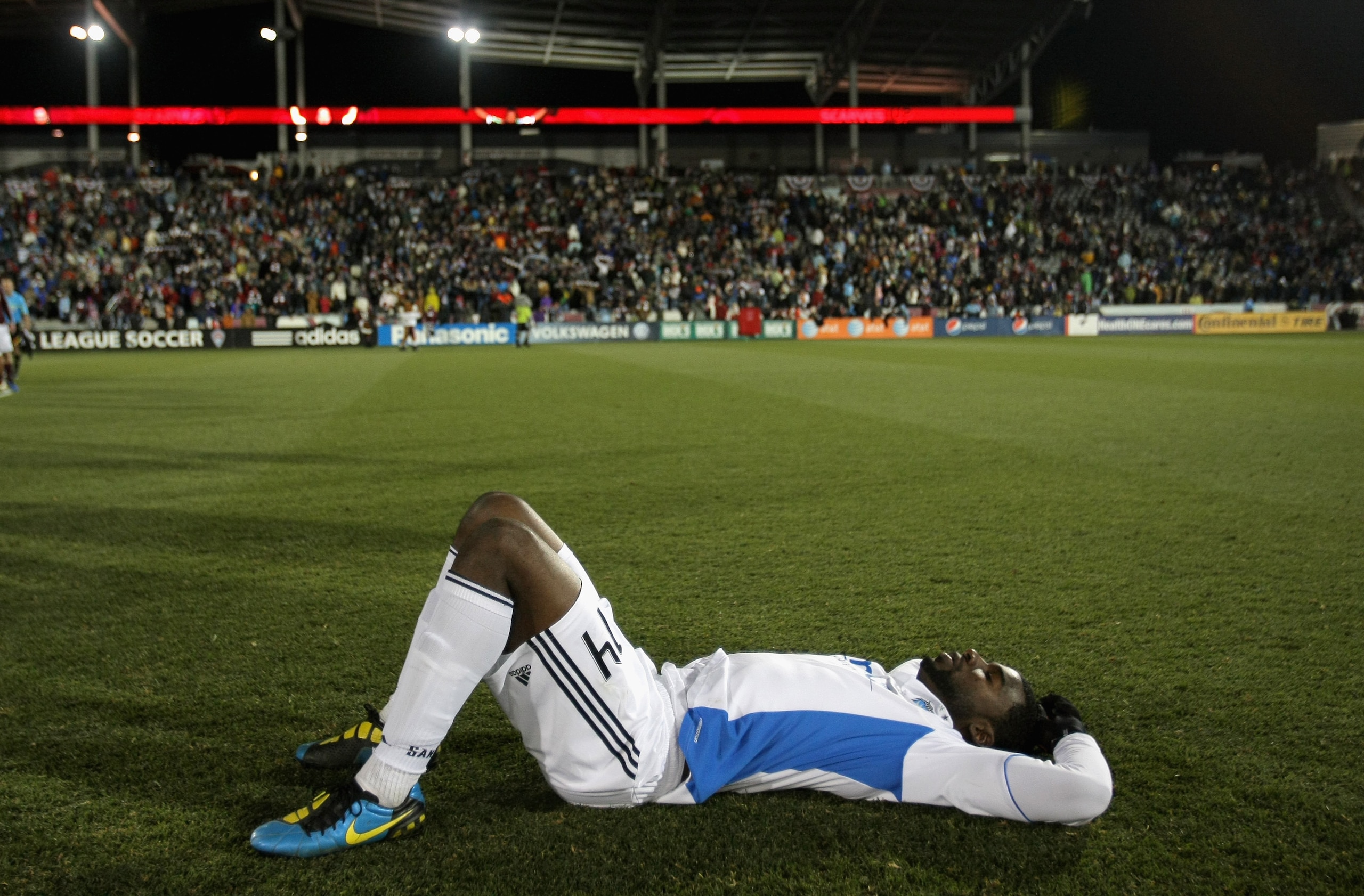 COMMERCE CITY, CO - NOVEMBER 13: Brandon McDonald #14 of the San Jose Earthquakes lies on the field after the Earthquakes were beaten by the Colorado Rapids in the MLS Eastern Conference Final at Dick's Sporting Goods Park on November 13, 2010 in Commerc COMMERCE CITY, CO - NOVEMBER 13: Brandon McDonald #14 of the San Jose Earthquakes lies on the field after the Earthquakes were beaten by the Colorado Rapids in the MLS Eastern Conference Final at Dick's Sporting Goods Park on November 13, 2010 in Commerc