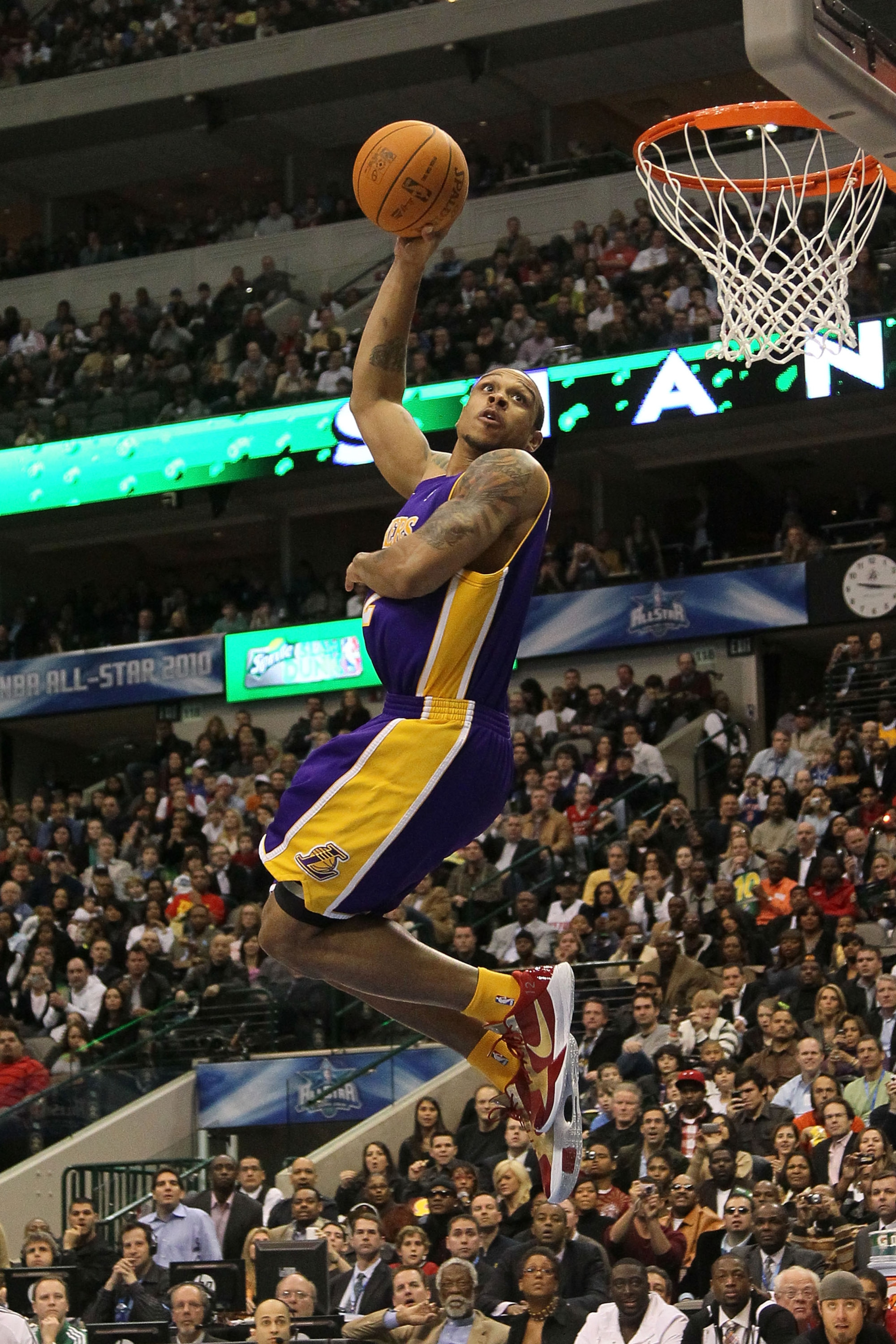 DALLAS - FEBRUARY 13:  Shannon Brown #12 of the Los Angeles Lakers attempts a dunk during the Sprite Slam Dunk Contest on All-Star Saturday Night, part of 2010 NBA All-Star Weekend at American Airlines Center on February 13, 2010 in Dallas, Texas. NOTE TO