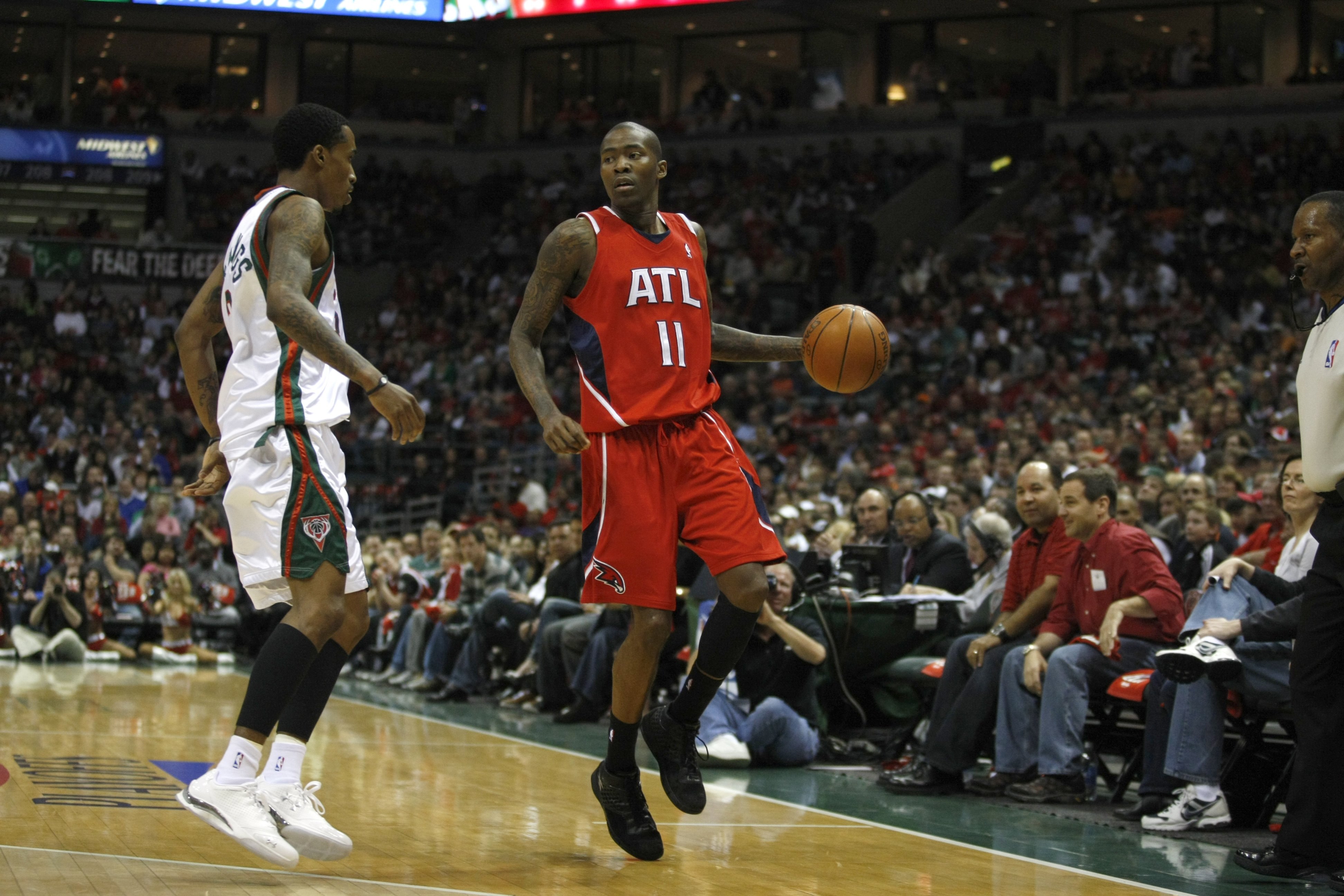 MILWAUKEE, WI - APRIL 24: Jamal Crawford #11 of the Atlanta Hawks dribbles the basketball against the Milwaukee Bucks during Game Three of Eastern Conference Quarterfinals of the 2010 NBA Playoffs at the Bradley Center on April 24, 2010 in Milwaukee, Wisc