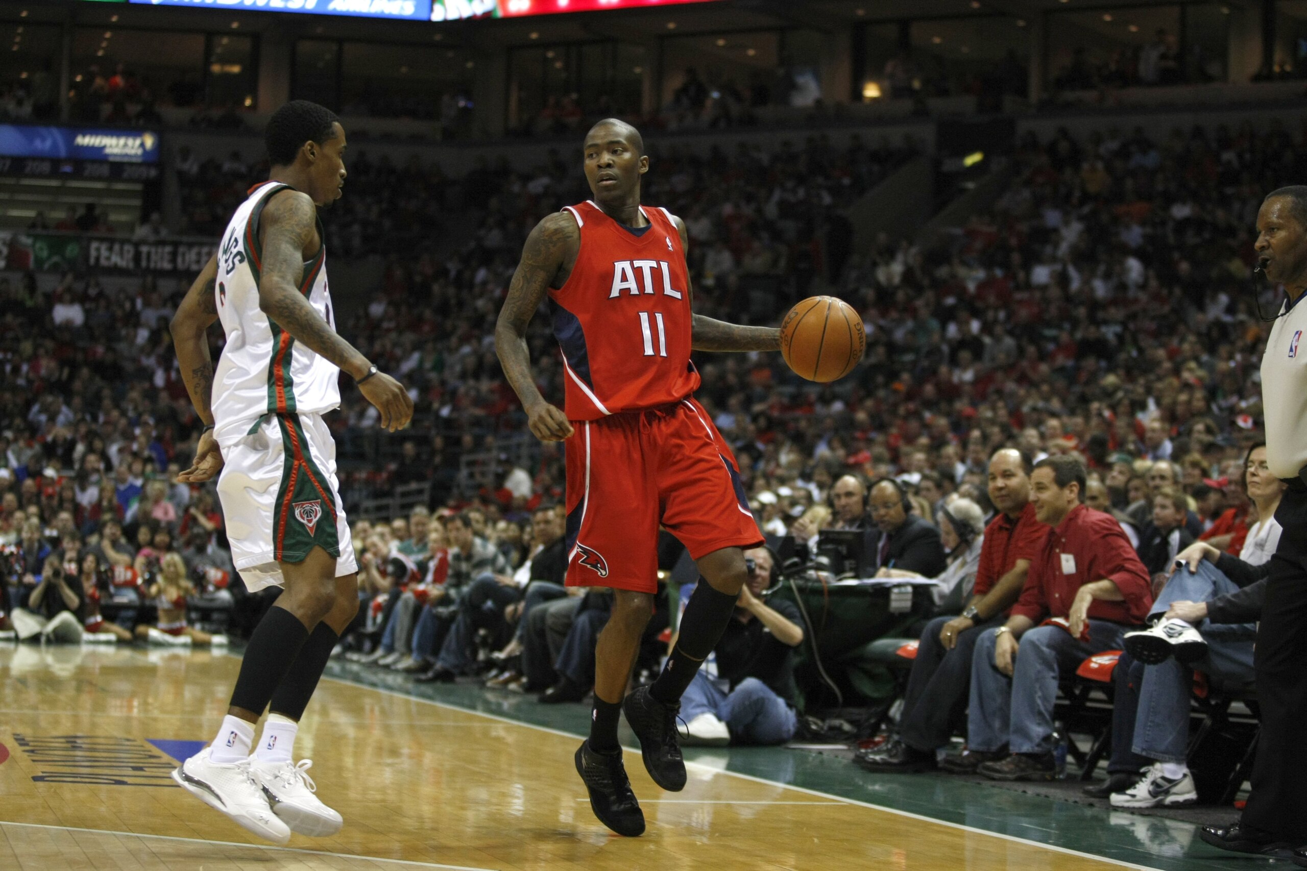 MILWAUKEE, WI - APRIL 24: Jamal Crawford #11 of the Atlanta Hawks dribbles the basketball against the Milwaukee Bucks during Game Three of Eastern Conference Quarterfinals of the 2010 NBA Playoffs at the Bradley Center on April 24, 2010 in Milwaukee, Wisc