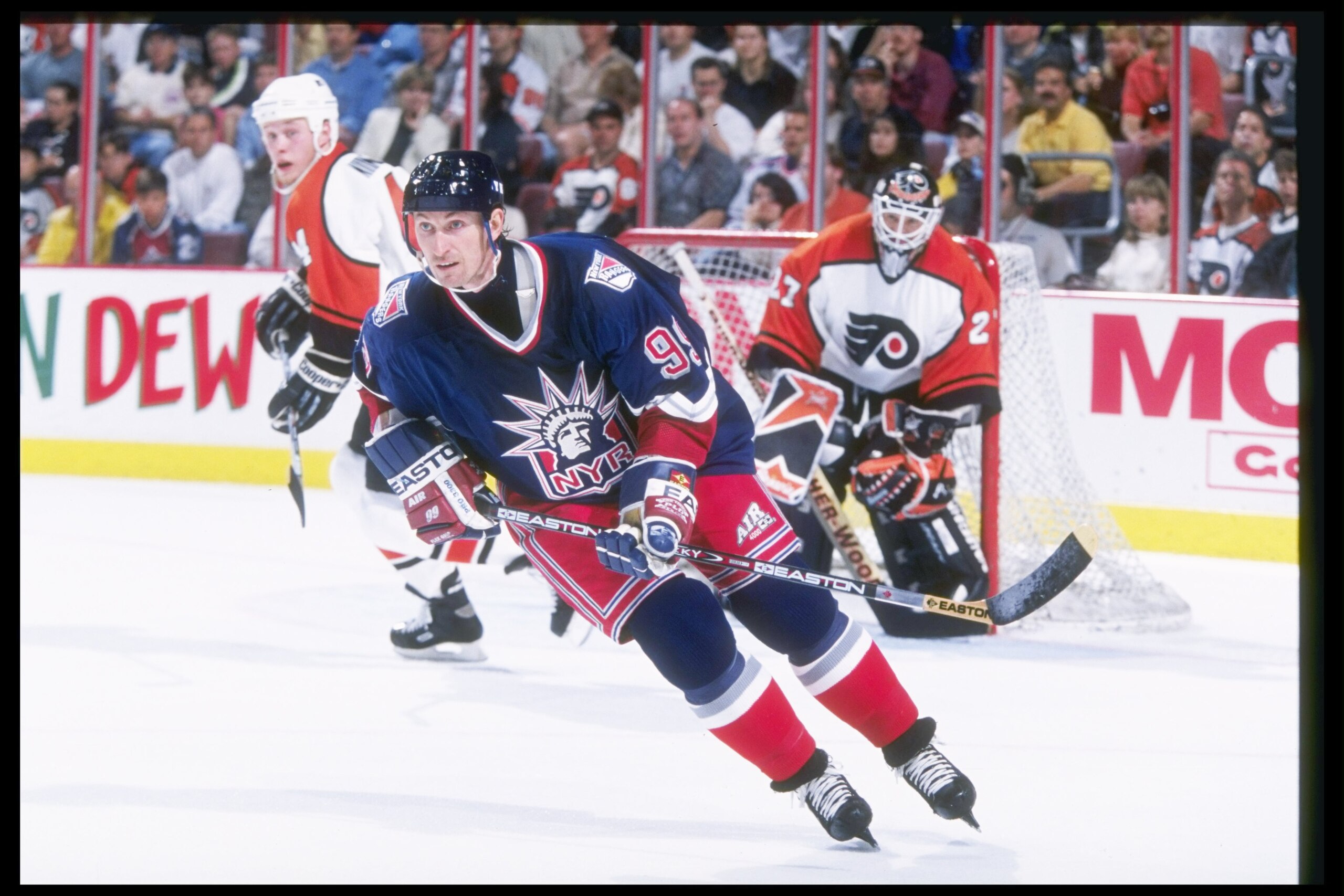 25 May 1997:  Center Wayne Gretzky of the New York Rangers moves down the ice during a playoff game against the Philadelphia Flyers at the CoreStates Center in Philadelphia, Pennsylvania.  The Flyers won the game, 4-2. Mandatory Credit: Robert Laberge  /A