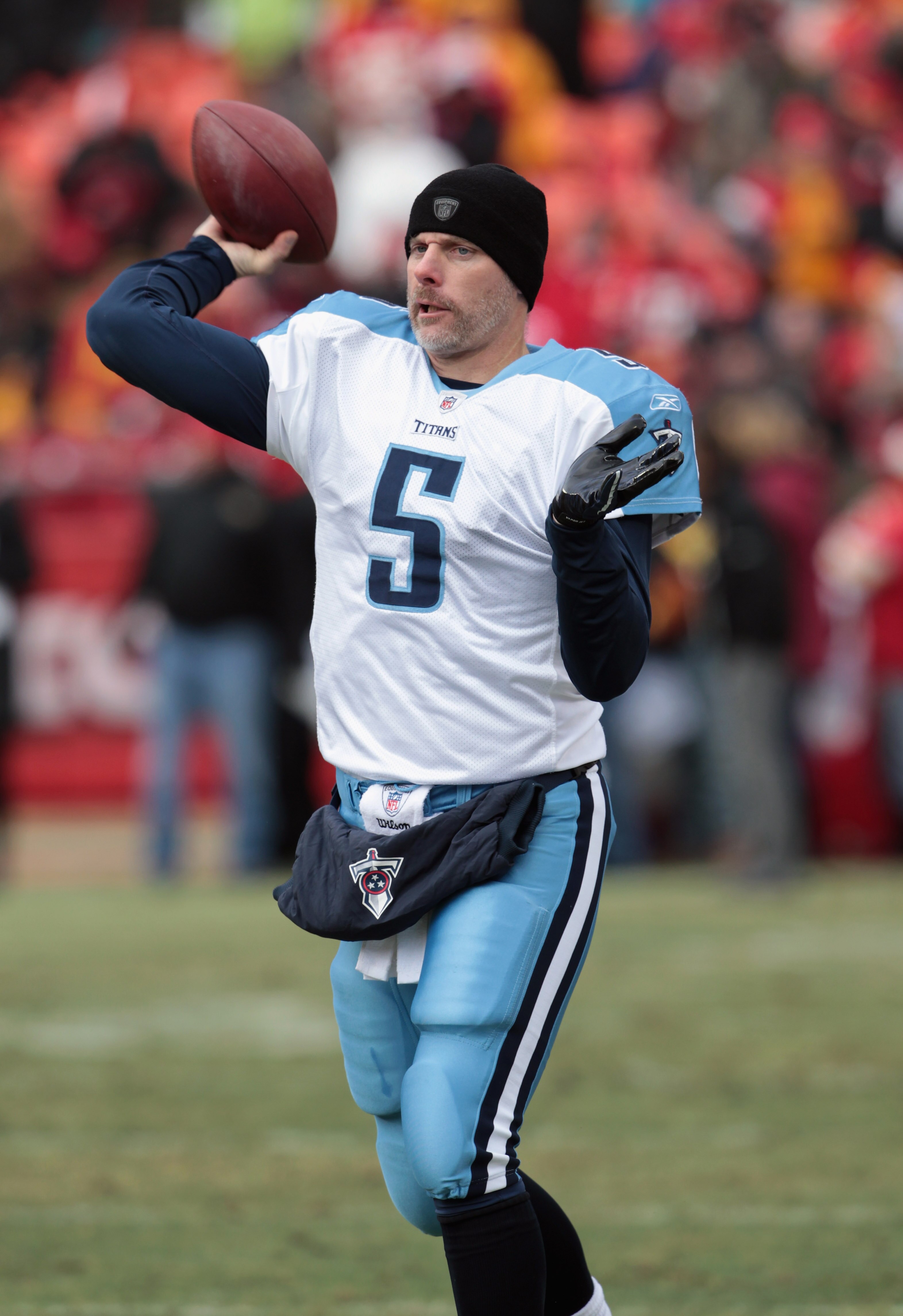 KANSAS CITY, MO - DECEMBER 26:  Quarterback Kerry Collins #5 of the Tennessee Titans warms-up prior to the start of the game against the Kansas City Chiefs on December 26, 2010 at Arrowhead Stadium in Kansas City, Missouri.  (Photo by Jamie Squire/Getty I