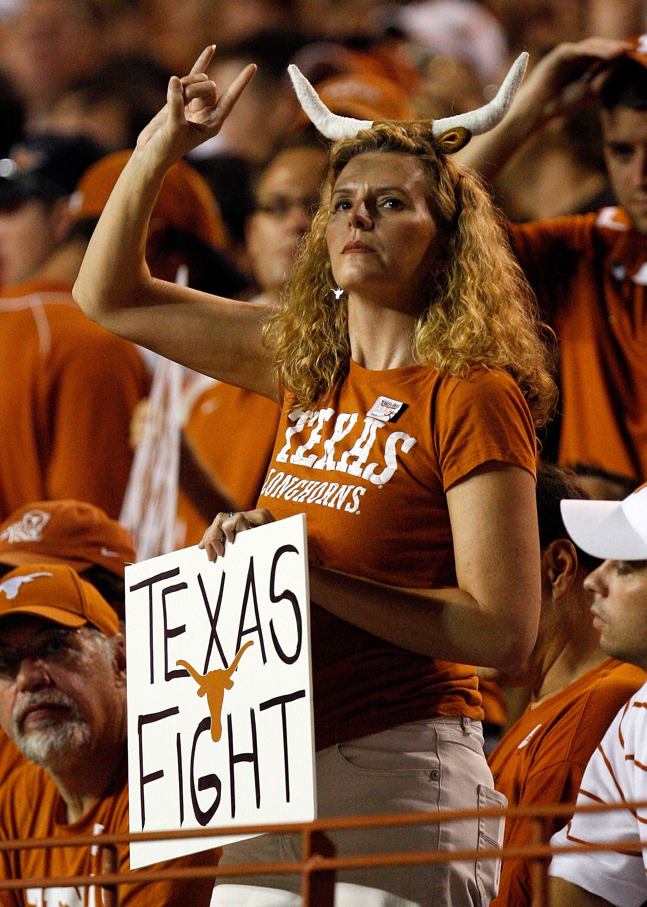 AUSTIN, TX - SEPTEMBER 19:  A Texas Longhorn fan during a game against the Texas Tech Red Raiders at Darrell K Royal-Texas Memorial Stadium on September 19, 2009 in Austin, Texas.  (Photo by Ronald Martinez/Getty Images)