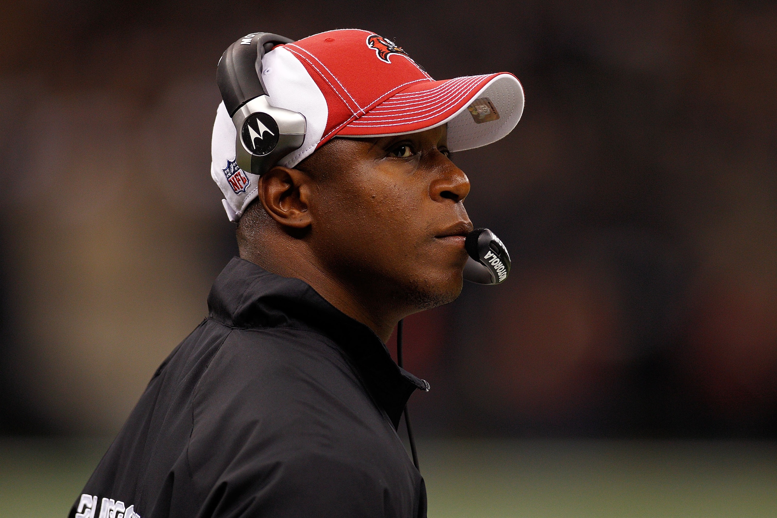 NEW ORLEANS, LA - JANUARY 02:  Head coach Raheem Morris of the Tampa Bay Buccaneers watches a play during the game against the New Orleans Saints at the Louisiana Superdome on January 2, 2011 in New Orleans, Louisiana.  The Buccaneers defeated the Saints
