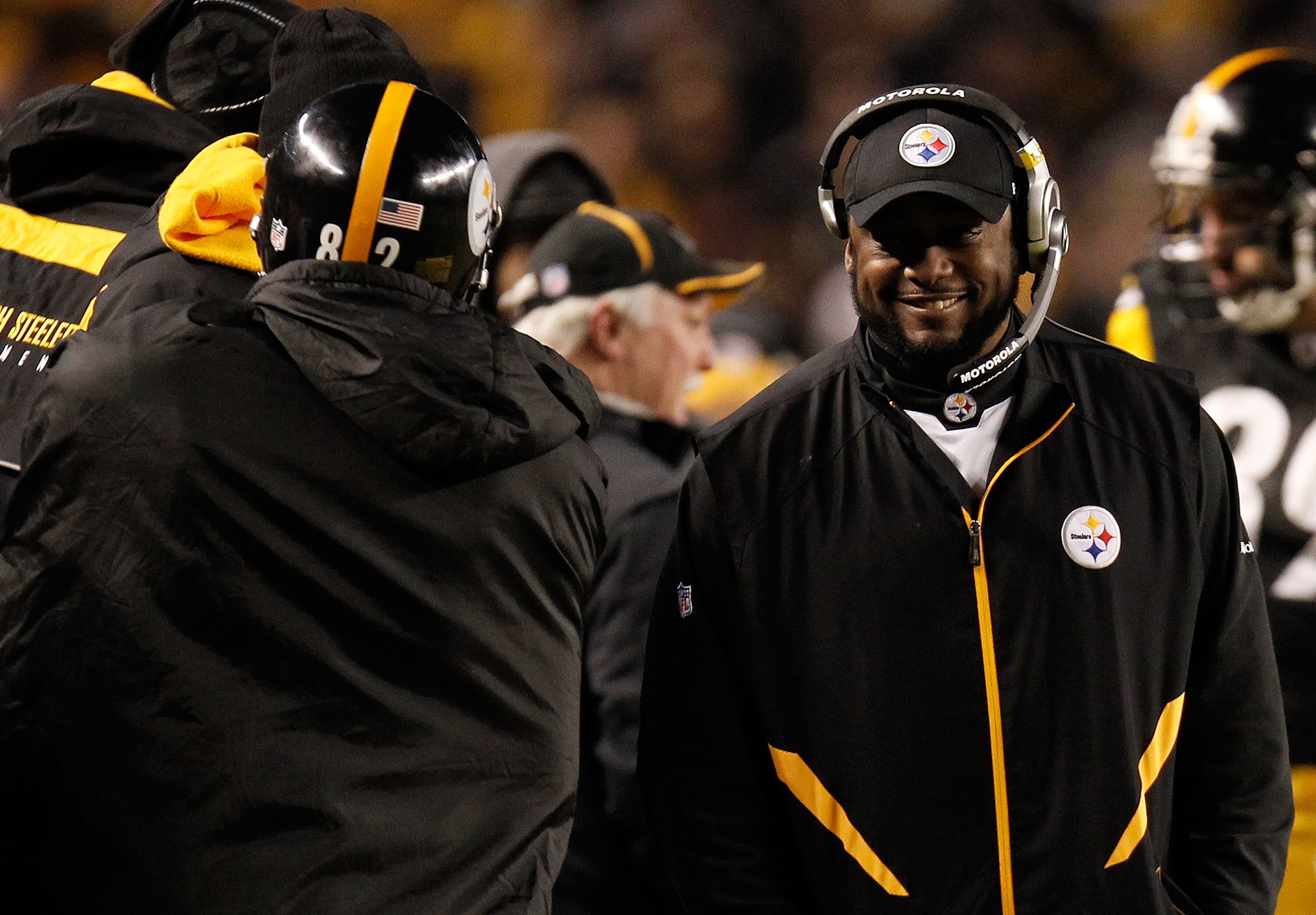 PITTSBURGH, PA - JANUARY 15:  Head coach Mike Tomlin of the Pittsburgh Steelers smiles on the sidelines against the Baltimore Ravens during the AFC Divisional Playoff Game at Heinz Field on January 15, 2011 in Pittsburgh, Pennsylvania.  (Photo by Gregory