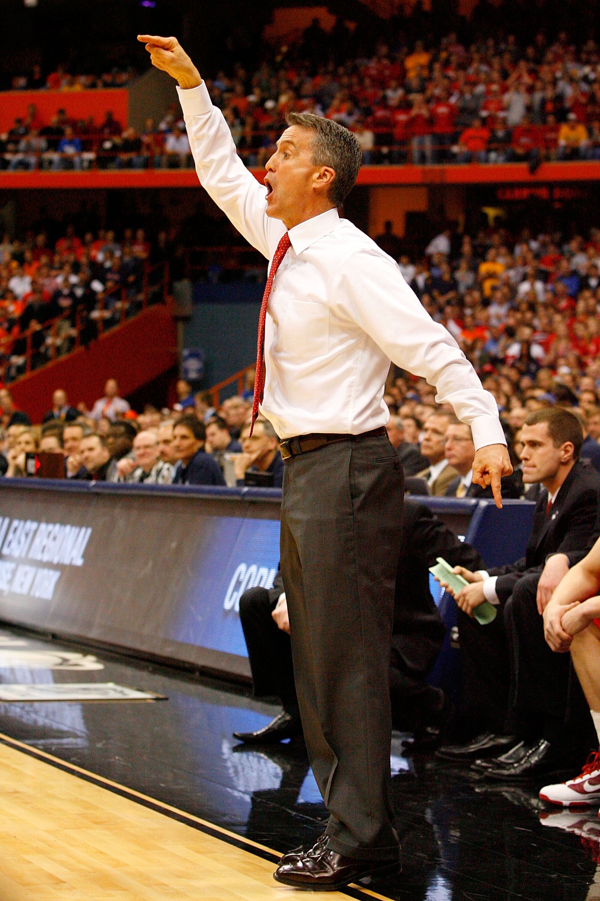 SYRACUSE, NY - MARCH 25:  Head coach Steve Donahue of the Cornell Big Red reacts as he coaches against the Kentucky Wildcats during the east regional semifinal of the 2010 NCAA men's basketball tournament at the Carrier Dome on March 25, 2010 in Syracuse,