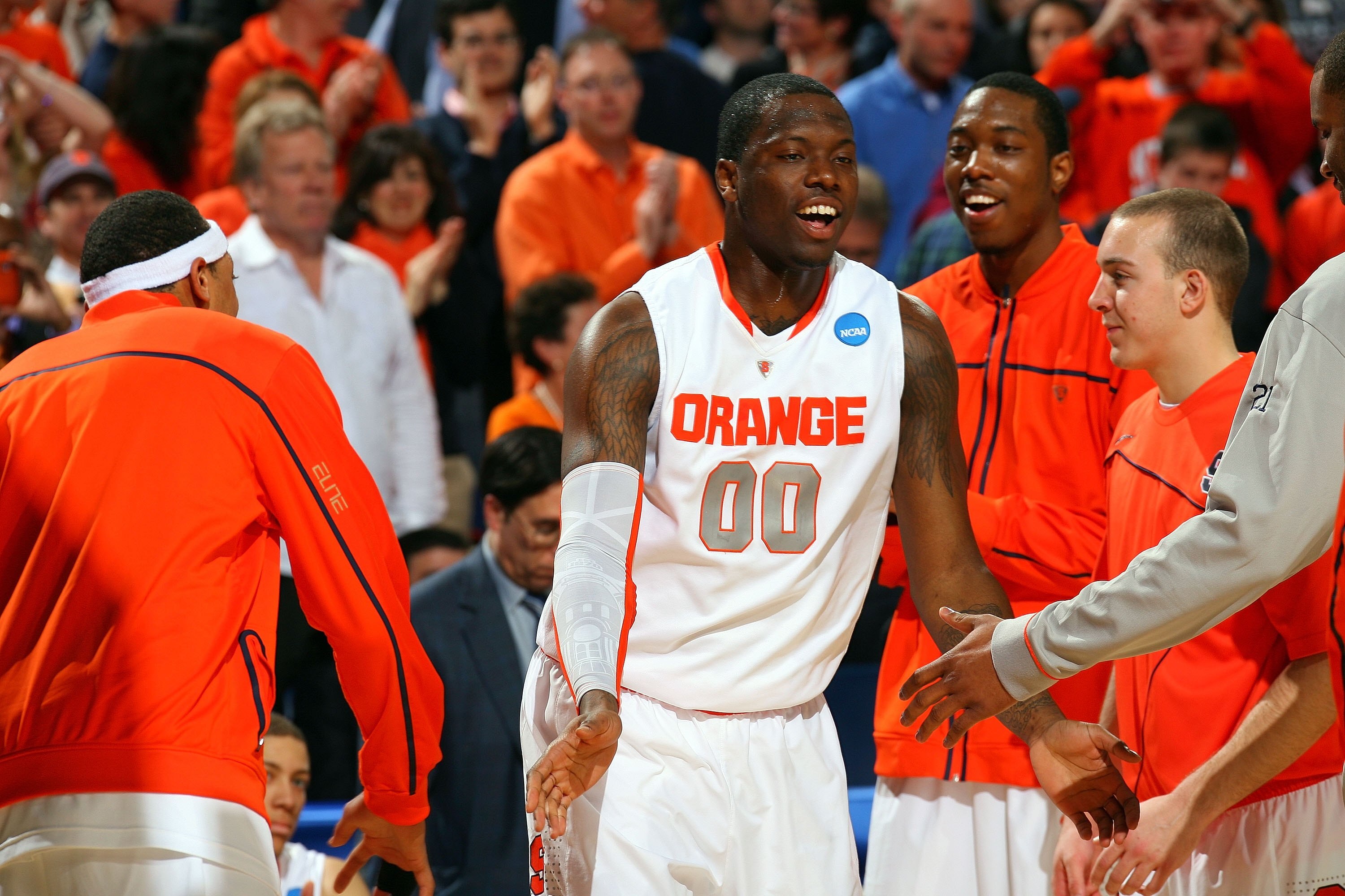 BUFFALO, NY - MARCH 19:  Rick Jackson #00 of the Syracuse Orange takes the court before playing against the Vermont Catamounts during the first round of the 2010 NCAA men's basketball tournament at HSBC Arena on March 19, 2010 in Buffalo, New York.  (Phot