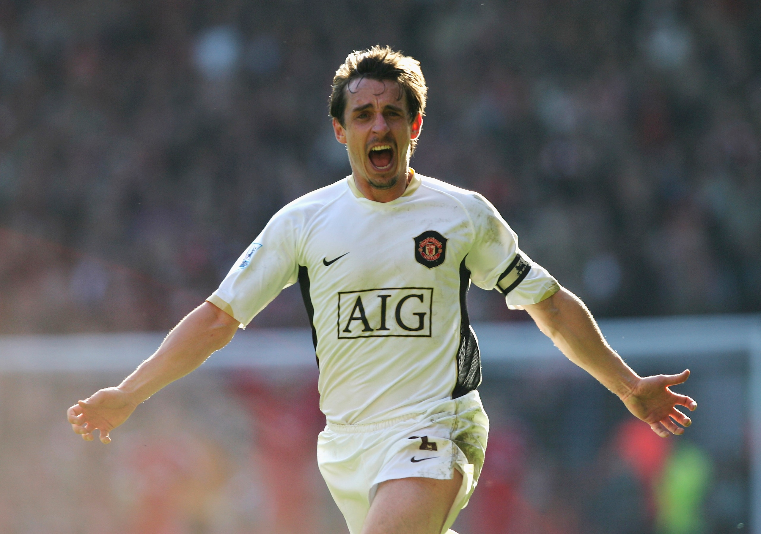 LIVERPOOL, UNITED KINGDOM - MARCH 03:  Gary Neville of Manchester United celebrates team mate John O'Shea's winning goal during the Barclays Premiership match between Liverpool and Manchester United at Anfield on March 3, 2007 in Liverpool, England.  (Pho