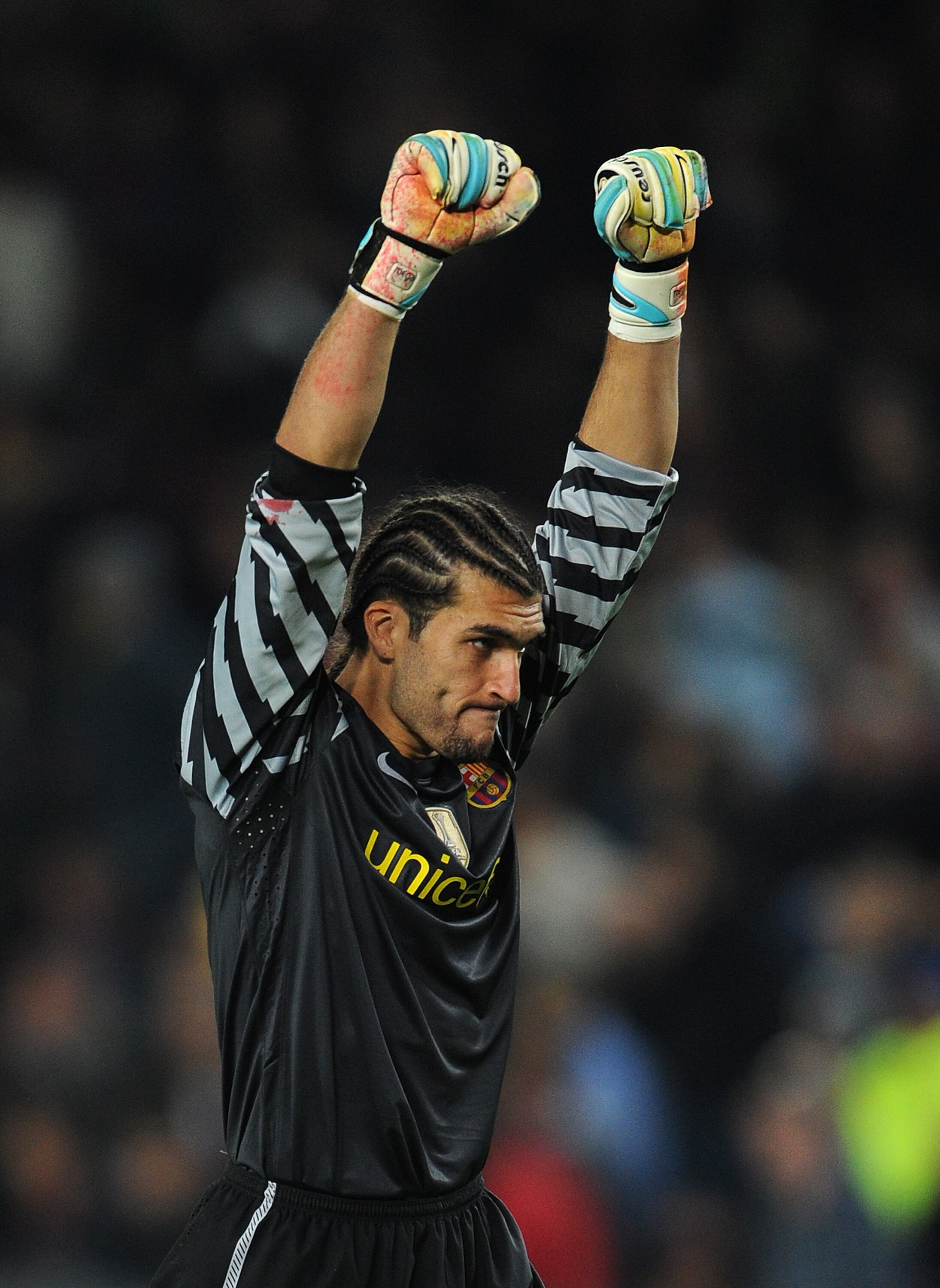 BARCELONA, SPAIN - OCTOBER 20:  Goalkeeper Jose Pinto of Barcelona celebrates his teams win at the end of the UEFA Champions League group D match between Barcelona and FC Copenhagen at the Camp Nou stadium on October 20, 2010 in Barcelona, Spain.  (Photo