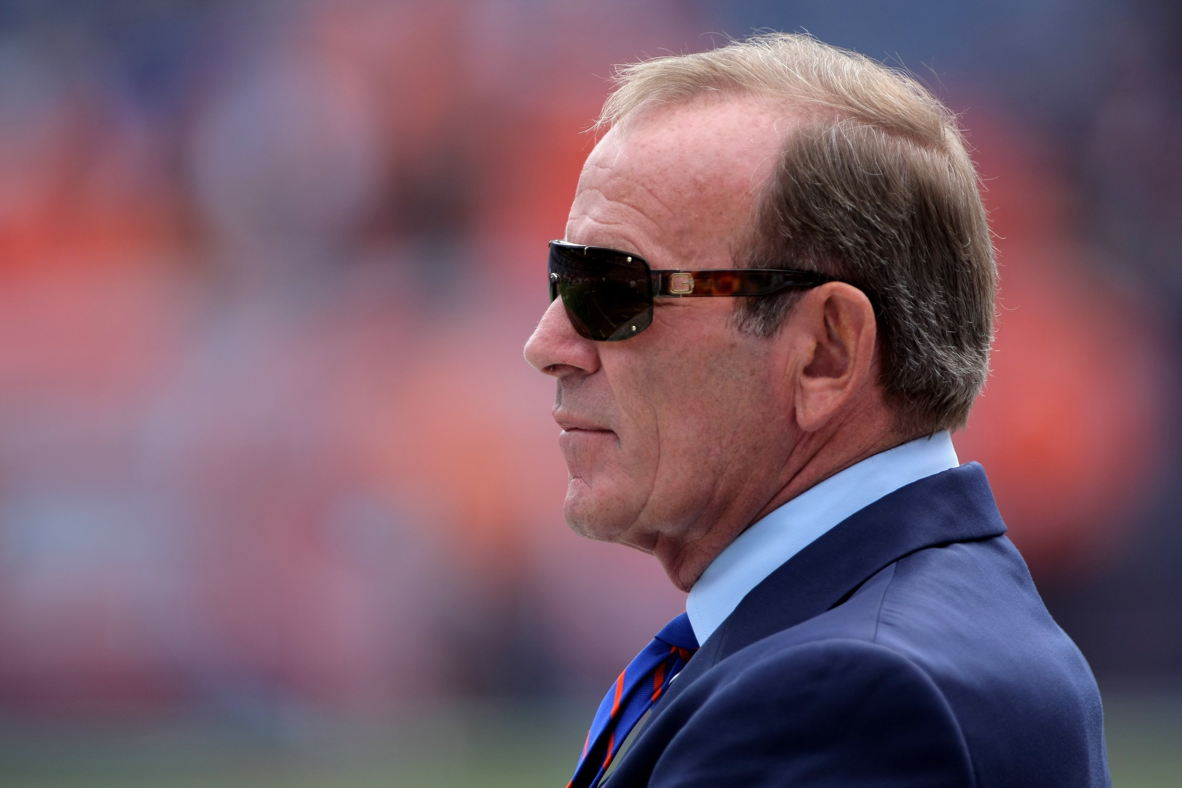 DENVER - SEPTEMBER 21:  Pat Bowlen, President and CEO of the Denver Broncos, watches the team warm up prior to facing the New Orleans Saints during NFL action at Invesco Field at Mile High on September 21, 2008 in Denver, Colorado. The Broncos defeated th