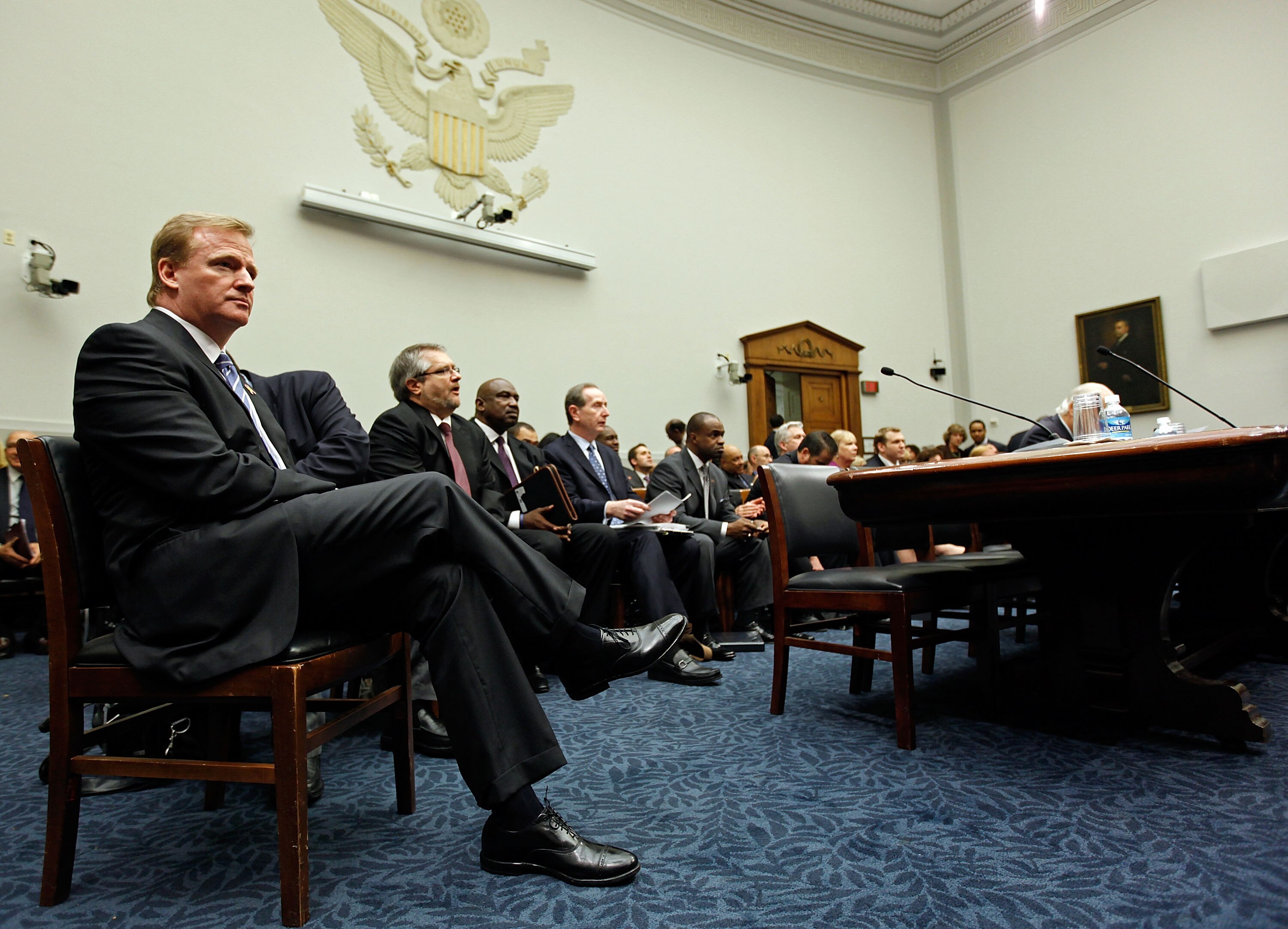 WASHINGTON - OCTOBER 28:  National Football League Commissioner Roger Goodell (L) prepares testify before the House Judiciary Committee about football brain injuries on Captiol Hill October 28, 2009 in Washington, DC. A recent NFL study of retired players