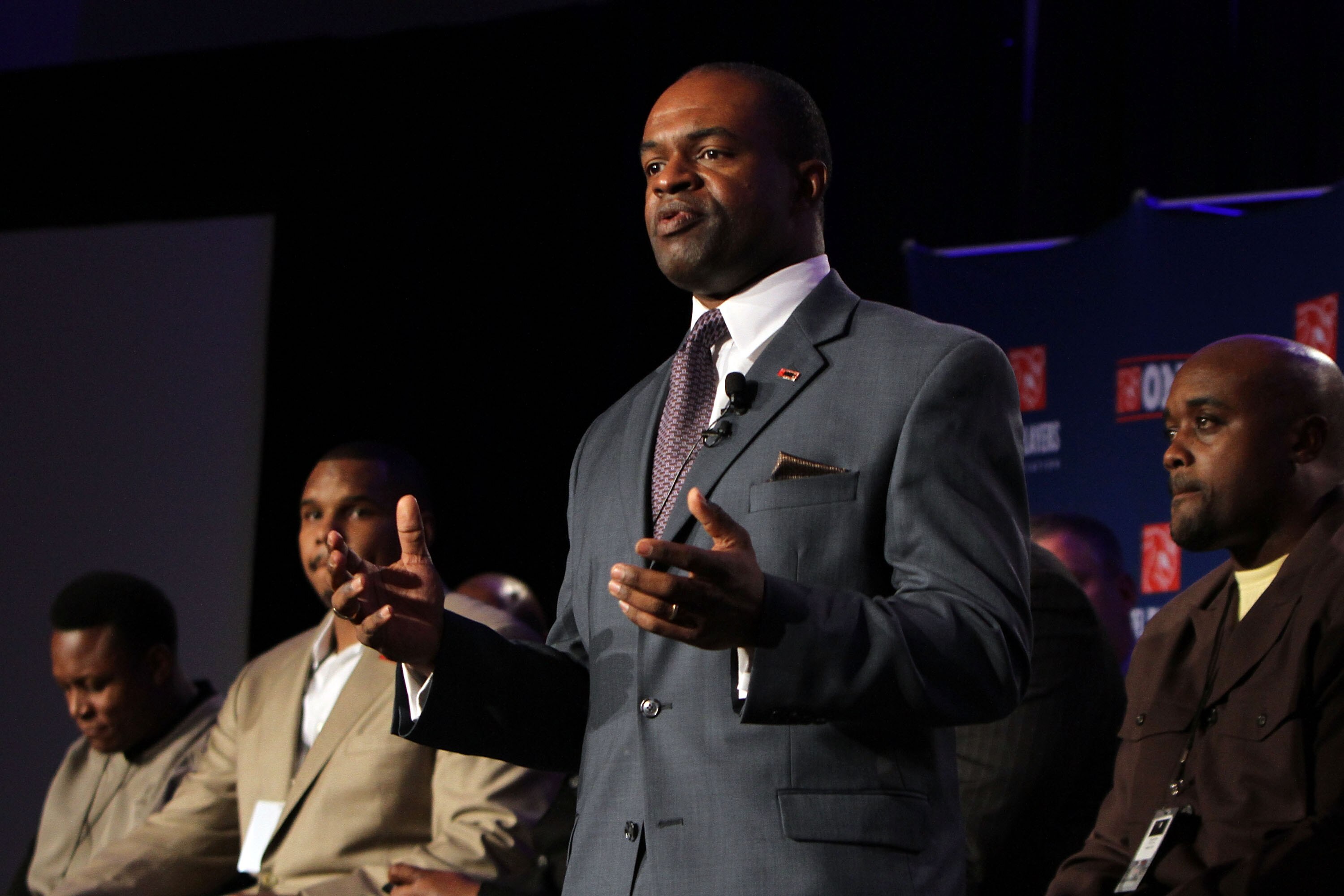 FORT LAUDERDALE, FL - FEBRUARY 04:  DeMaurice Smith, NFL Player's Association Executive Director, speaks to members of the media during the NFL Player's Association Press Conference held at the Fort Lauderdale Convention Center as part of media week for S