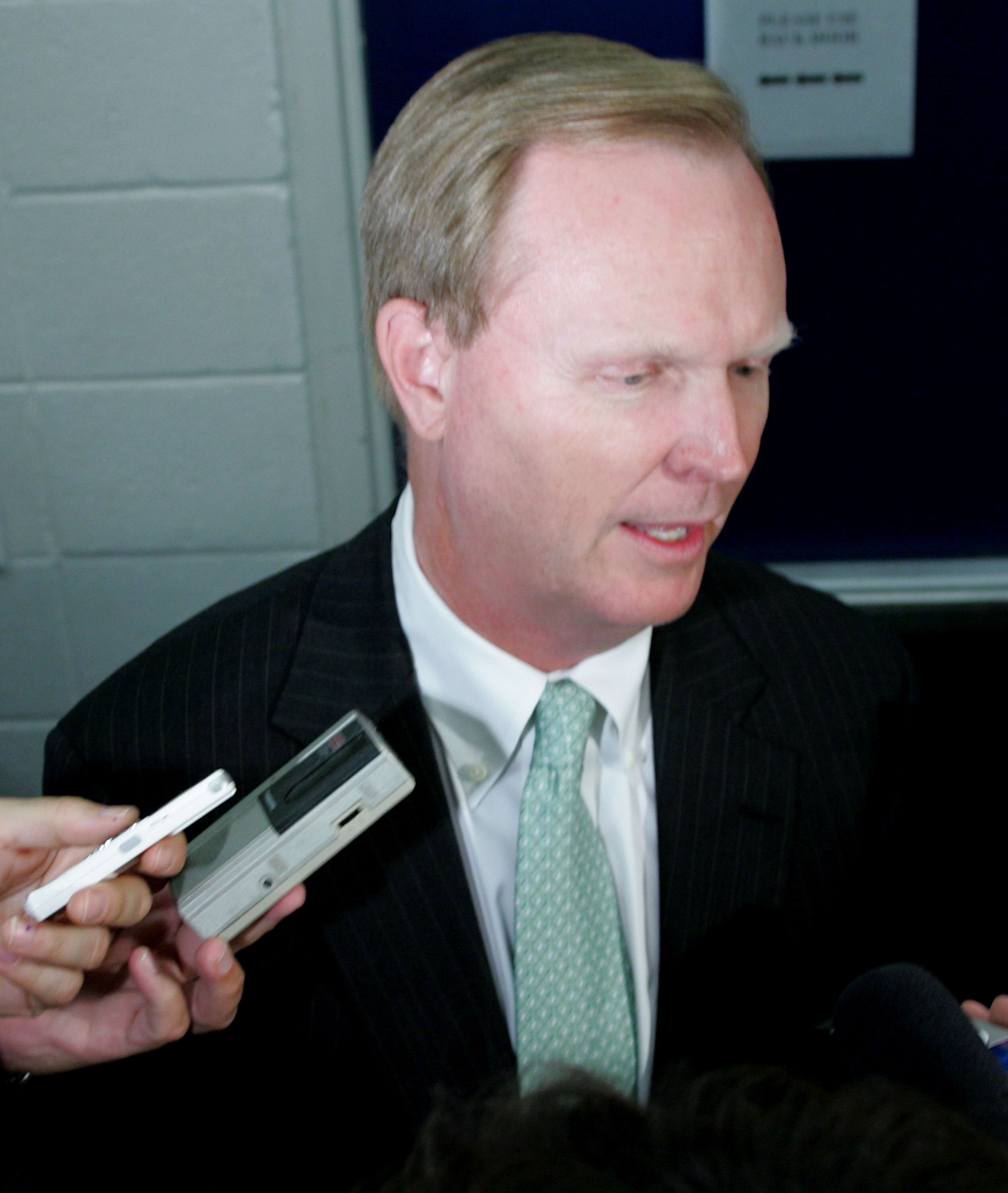 EAST RUTHERFORD, NJ - JUNE 10: New York Giants President and CEO John K. Mara Esq. addresses the media at a press conference where Michael Strahan announced his retirement from the New York Giants on June 10, 2008 at Giants Stadium in East Rutherford, New
