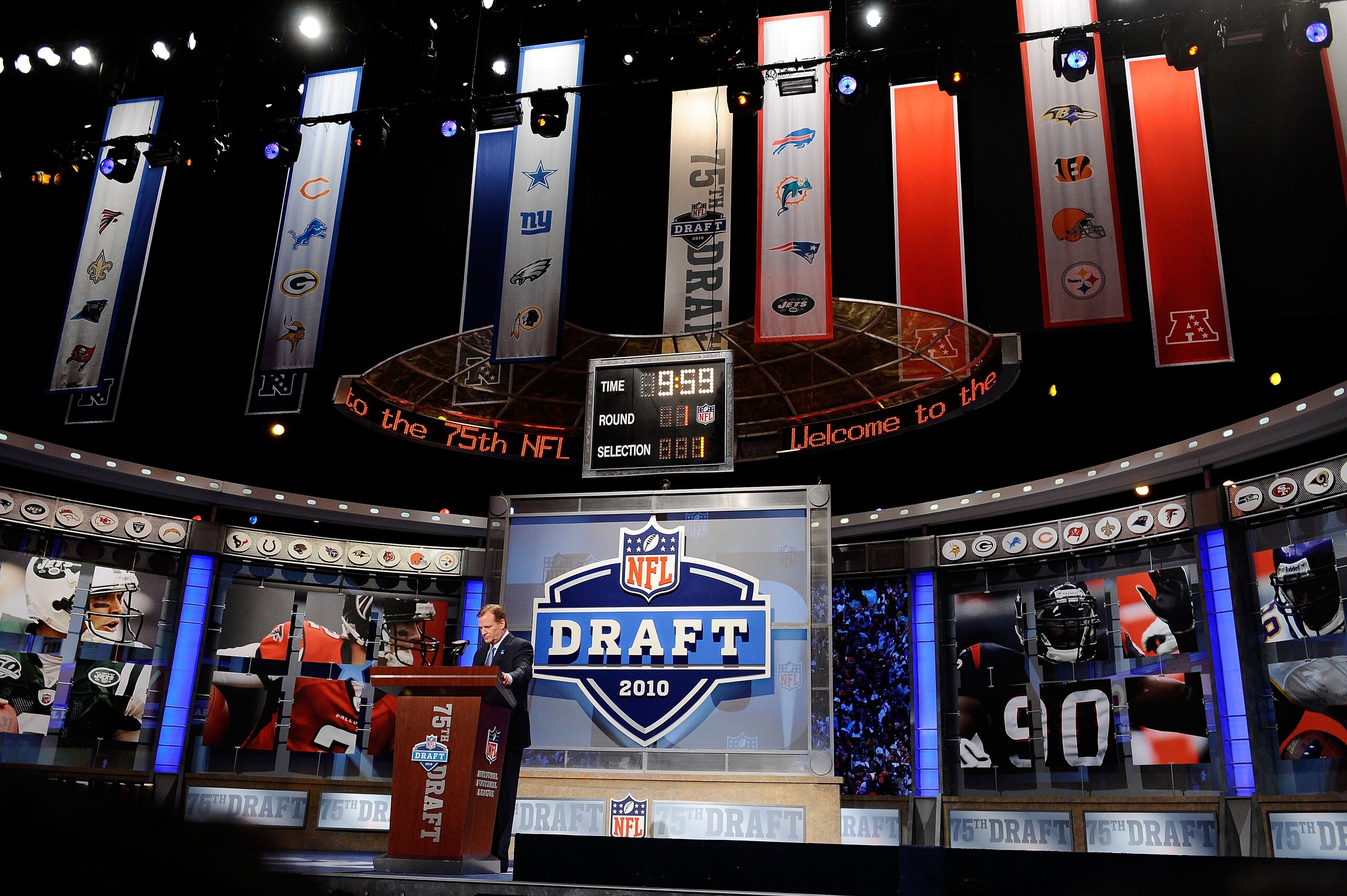 NEW YORK - APRIL 22:  NFL Commissioner Roer Goodell stands at the podium on stage during the first round of the 2010 NFL Draft at Radio City Music Hall on April 22, 2010 in New York City.  (Photo by Jeff Zelevansky/Getty Images)