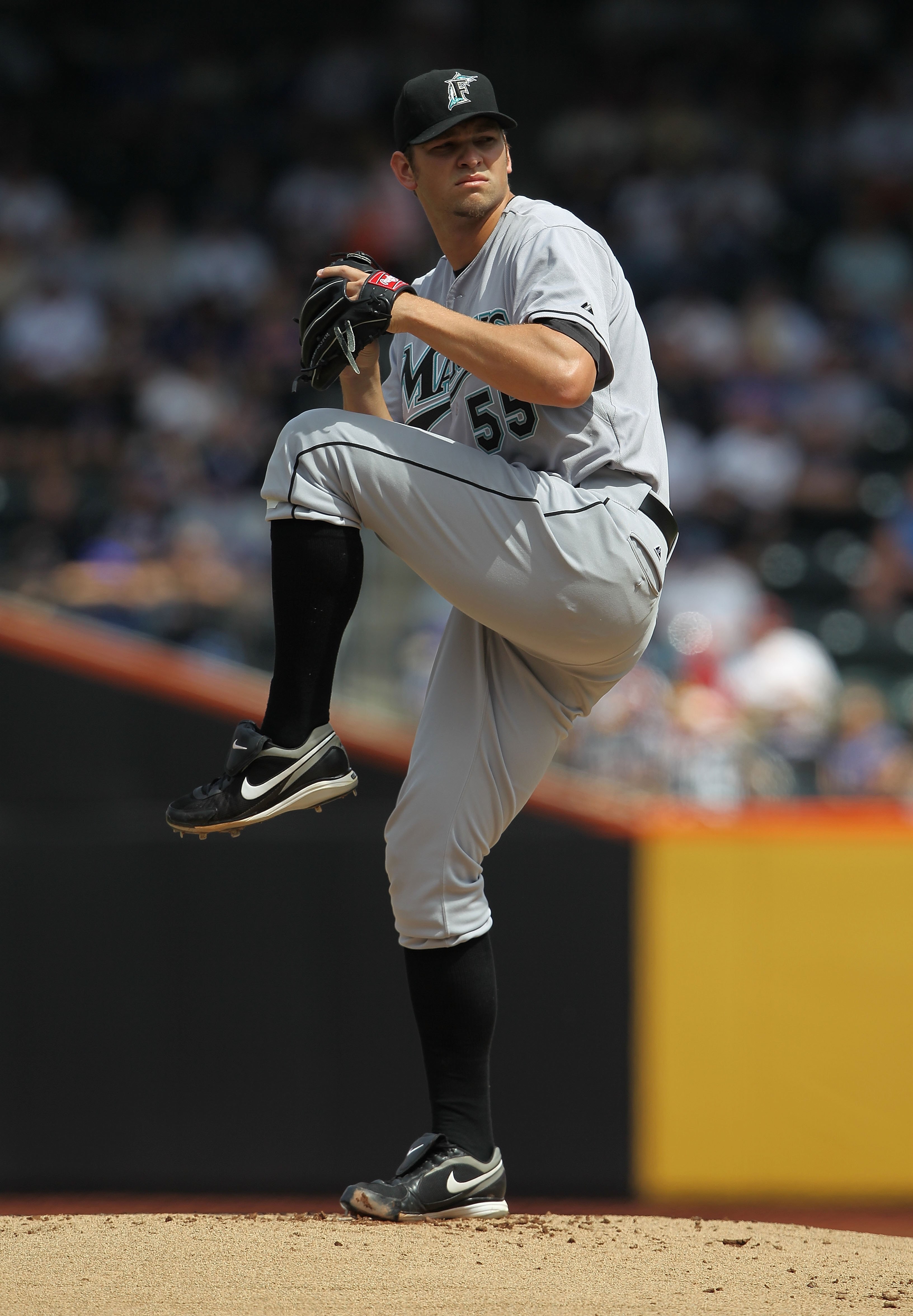NEW YORK - APRIL 05:  Josh Johnson #55 of the Florida Marlins pitches against the New York Mets during their Opening Day Game at Citi Field on April 5, 2010 in the Flushing neighborhood of the Queens borough of New York City.  (Photo by Nick Laham/Getty I