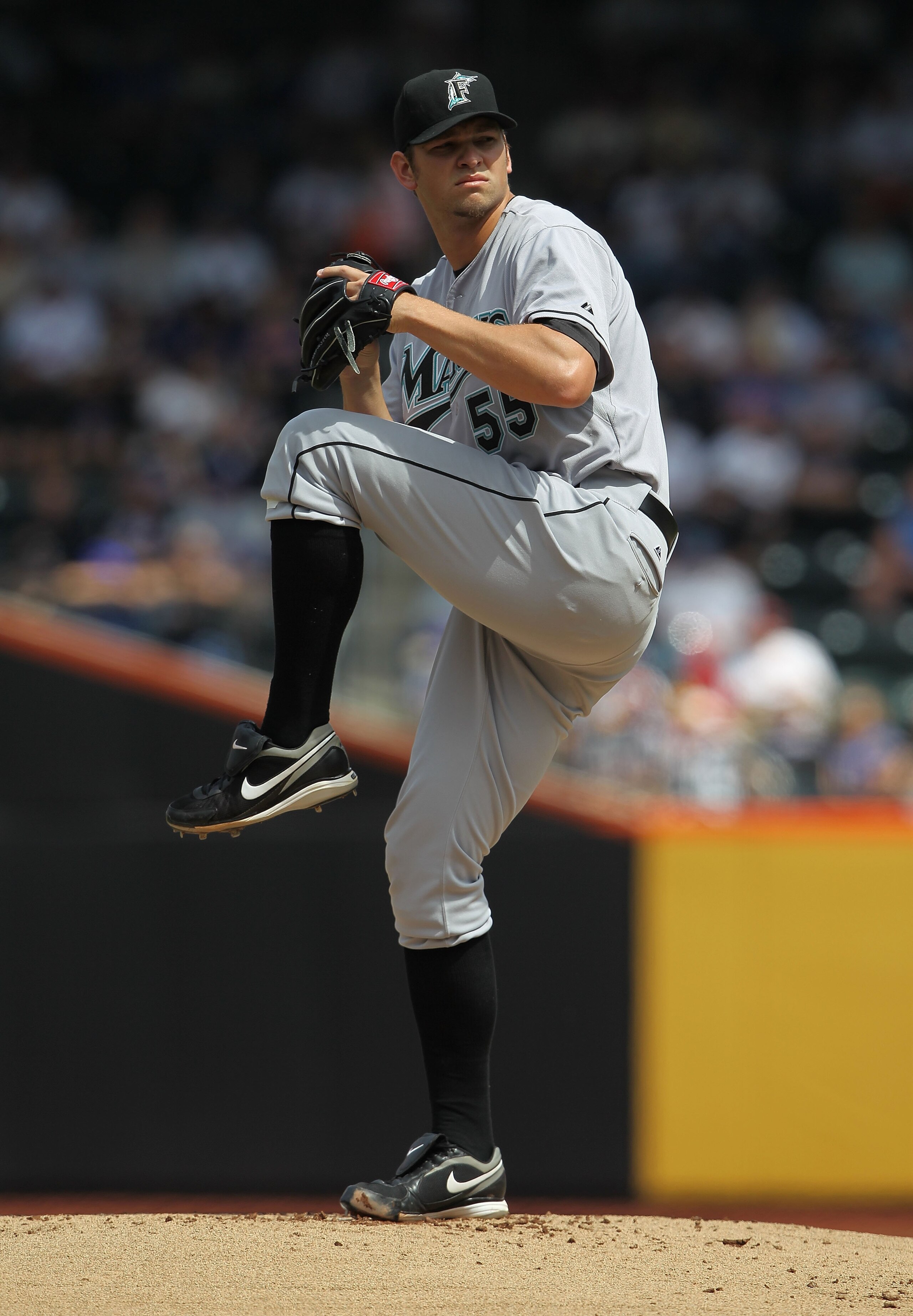 NEW YORK - APRIL 05:  Josh Johnson #55 of the Florida Marlins pitches against the New York Mets during their Opening Day Game at Citi Field on April 5, 2010 in the Flushing neighborhood of the Queens borough of New York City.  (Photo by Nick Laham/Getty I
