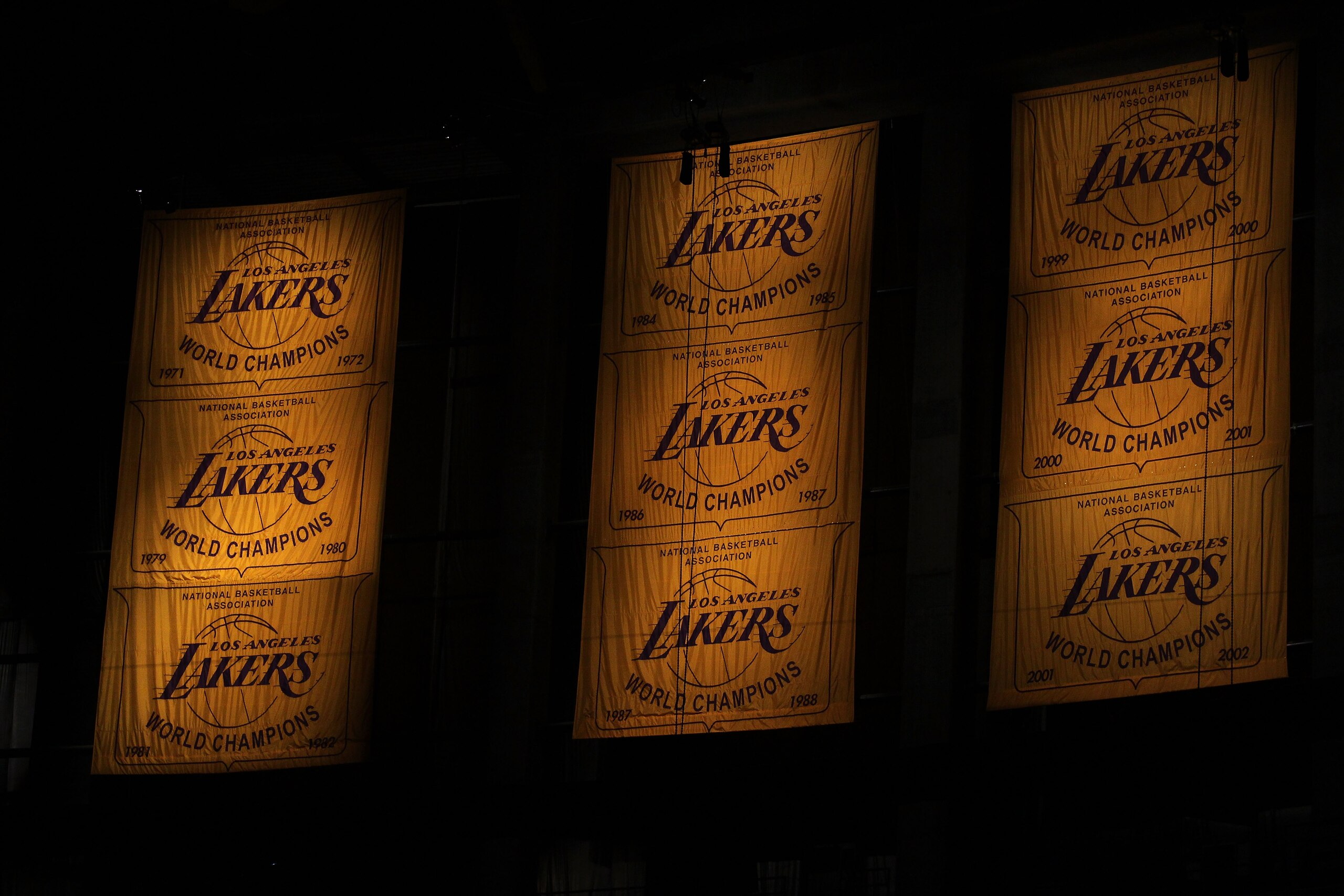 LOS ANGELES, CA - JUNE 06: The Los Angeles Lakers' championship banners are displayed before Game Two of the 2010 NBA Finals between the Boston Celtics and the Los Angeles Lakers at Staples Center on June 6, 2010 in Los Angeles, California. NOTE TO USER LOS ANGELES, CA - JUNE 06: The Los Angeles Lakers' championship banners are displayed before Game Two of the 2010 NBA Finals between the Boston Celtics and the Los Angeles Lakers at Staples Center on June 6, 2010 in Los Angeles, California. NOTE TO USER