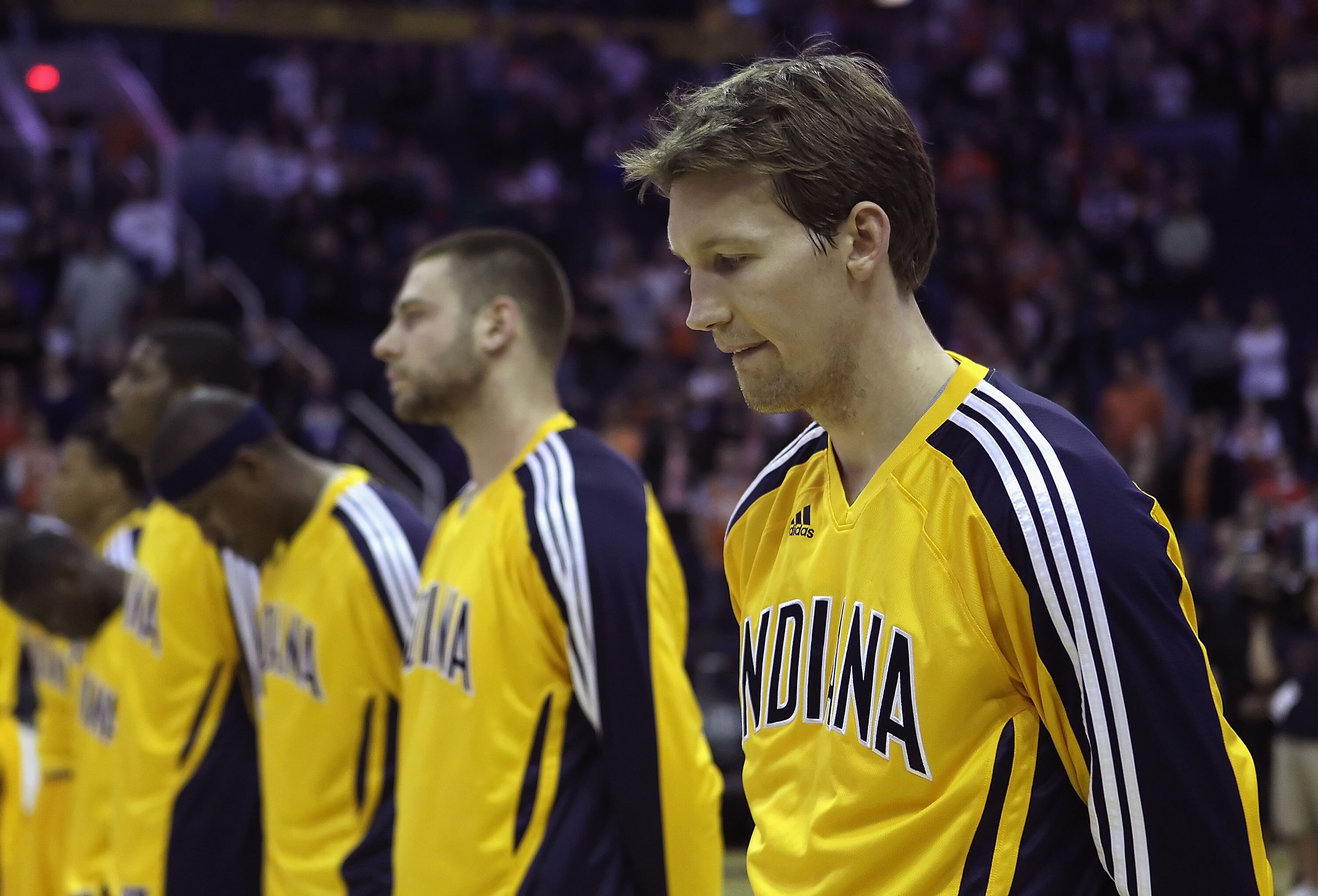 PHOENIX - DECEMBER 03:  Mike Dunleavy #17 of the Indiana Pacers stands with teammates for the National Anthem before the NBA game against the Phoenix Suns at US Airways Center on December 3, 2010 in Phoenix, Arizona. NOTE TO USER: User expressly acknowled