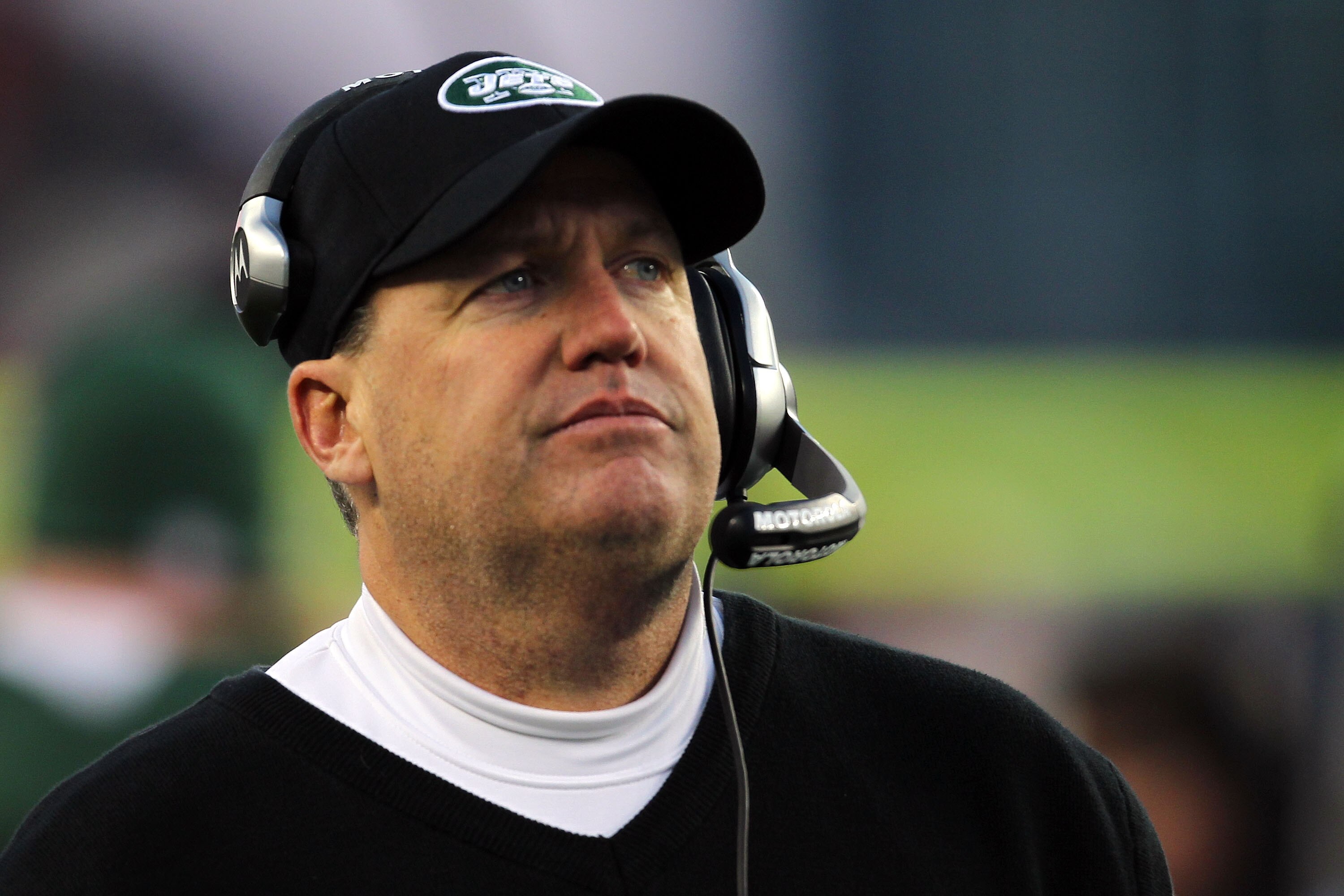 FOXBORO, MA - JANUARY 16:  Head coach Rex Ryan of the New York Jets looks on during their 2011 AFC divisional playoff game against the New England Patriots at Gillette Stadium on January 16, 2011 in Foxboro, Massachusetts.  (Photo by Jim Rogash/Getty Imag