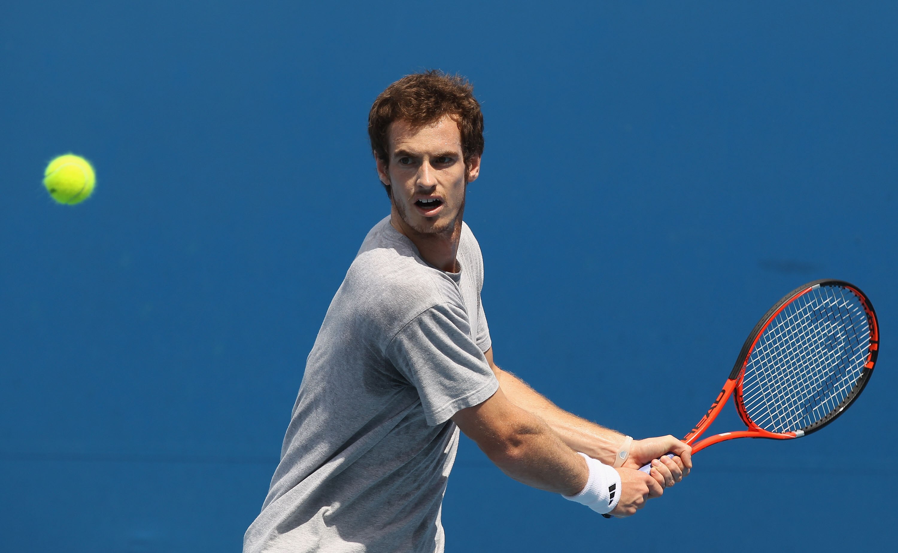 MELBOURNE, AUSTRALIA - JANUARY 21:  Andy Murray of Great Britain plays a backhand on the practice court during day five of the 2011 Australian Open at Melbourne Park on January 21, 2011 in Melbourne, Australia.  (Photo by Clive Brunskill/Getty Images)