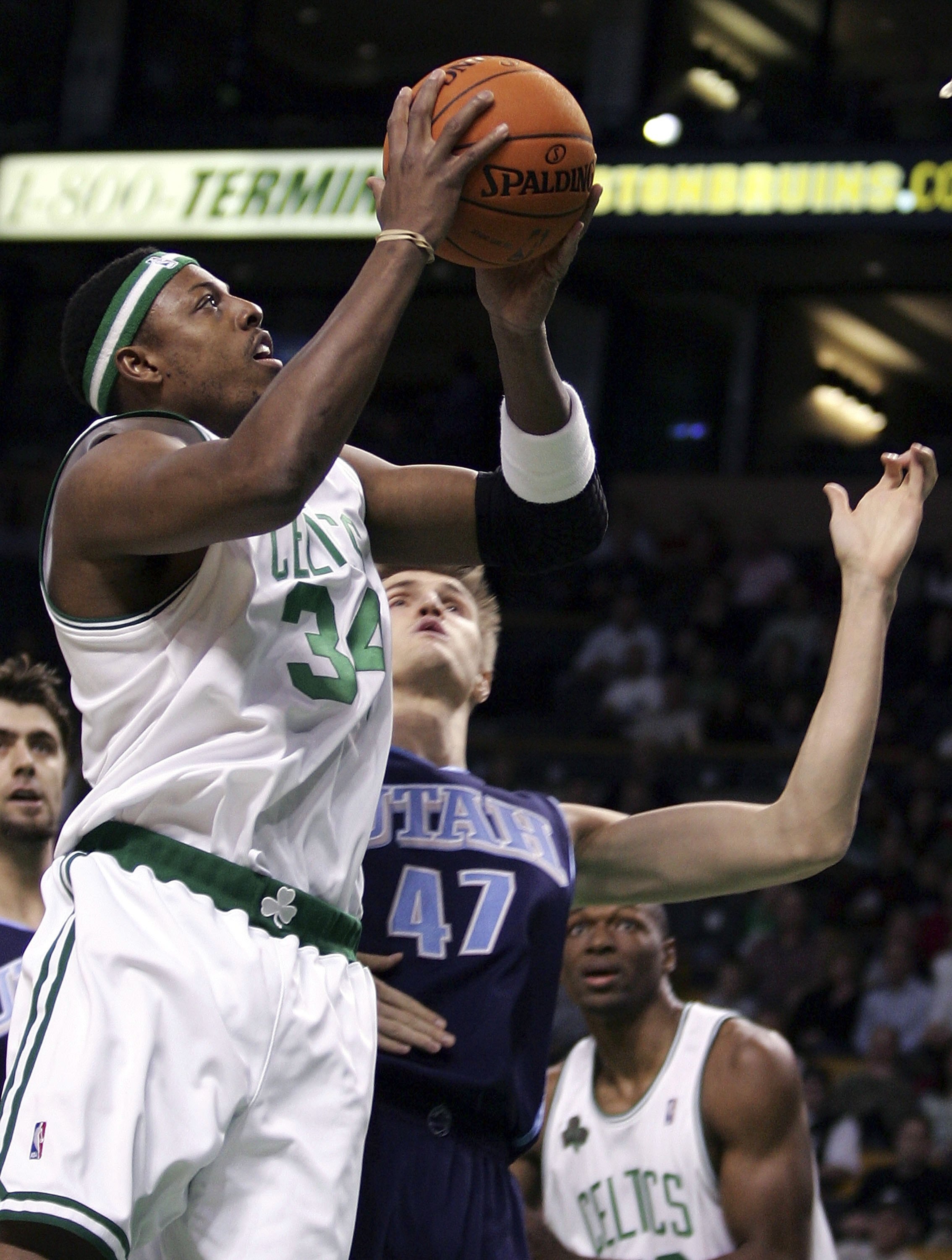 BOSTON - NOVEMBER 10:  Paul Pierce #34 of the Boston Celtics heads for the basket as Andrei Kirilenko #47 of the Utah Jazz defends on November 10, 2006 at the TD Banknorth Garden in Boston, Massachusetts.  NOTE TO USER: User expressly acknowledges and agr